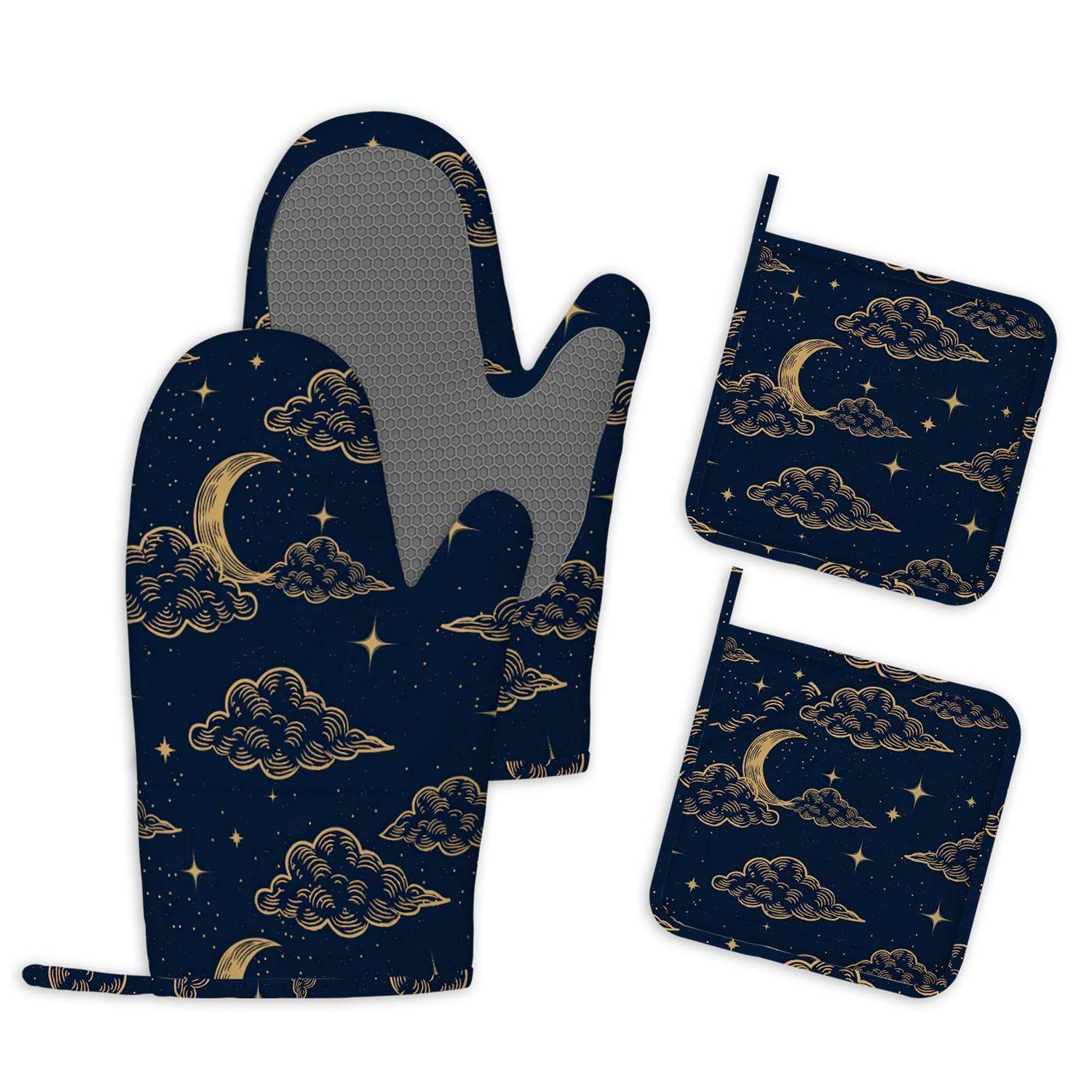 Paar marine Ofenhandschuhe und passende Topflappen mit goldenem Mond-und-Wolken-Muster auf weißem Hintergrund.