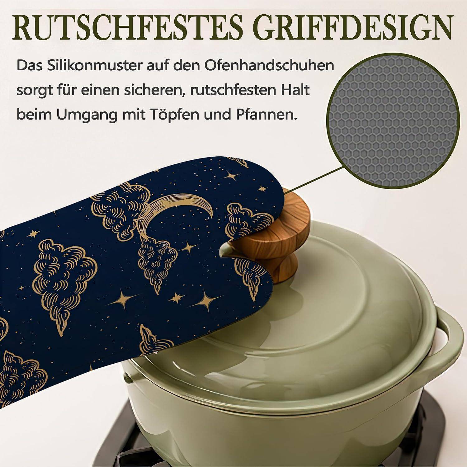 Illustration eines Topflappens, der eine abgedeckte Kasserolle hält, mit eingefügter Nahaufnahme des Silikon-Griffmusters. Der Text besagt „Rutschfestes Griffdesign