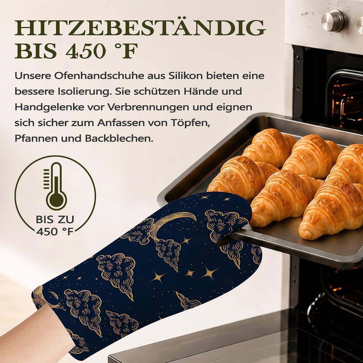 Wärmeschutzhandschuhe aus Silikon: 'hitzebeständig bis 450°F,' schützen die Hände beim Herausnehmen eines Tabletts mit Croissants aus dem Ofen.
