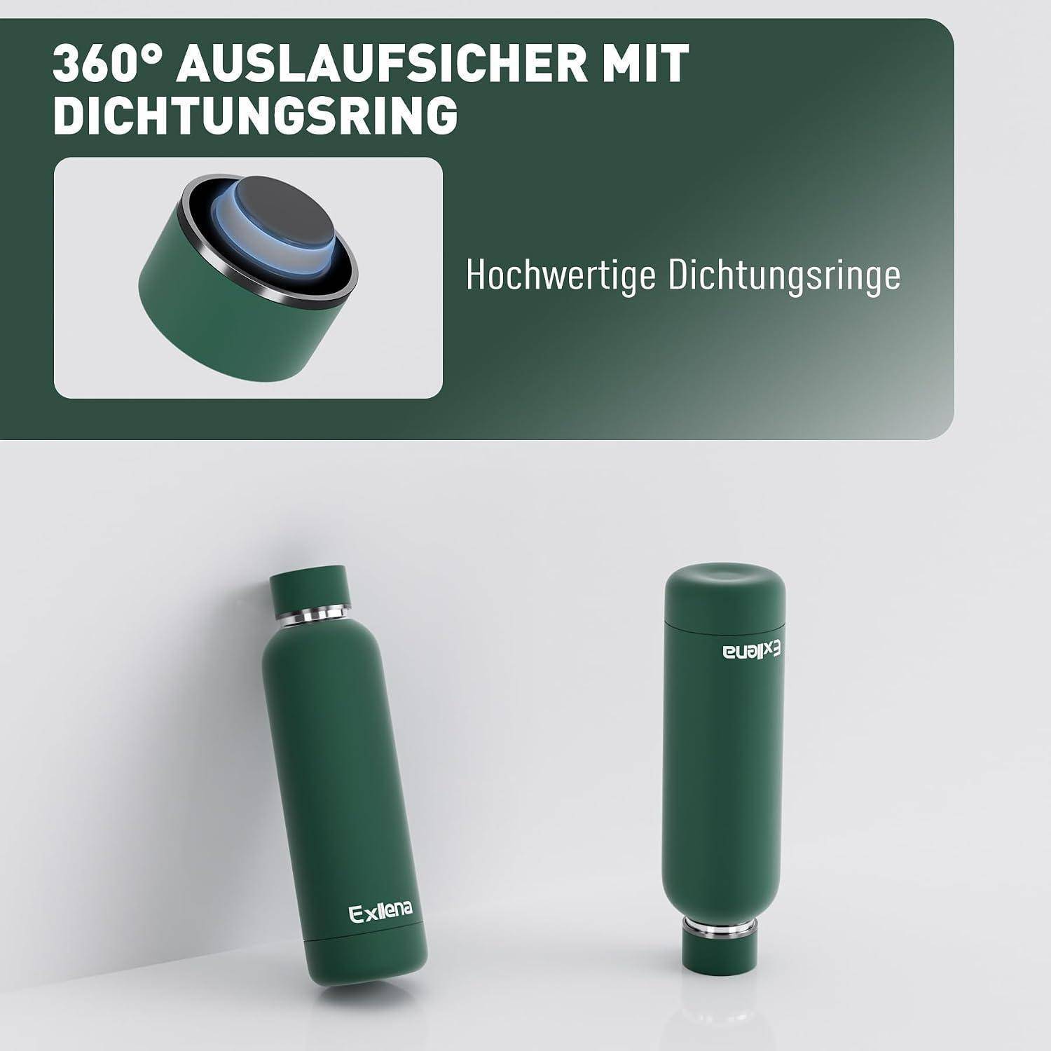 Produktanzeige mit zwei grünen zylindrischen Flaschen mit 360° auslaufsicherer Verschlusskappe und Dichtungsring; Text lautet „360° Auslaufsicher mit Dichtungsring