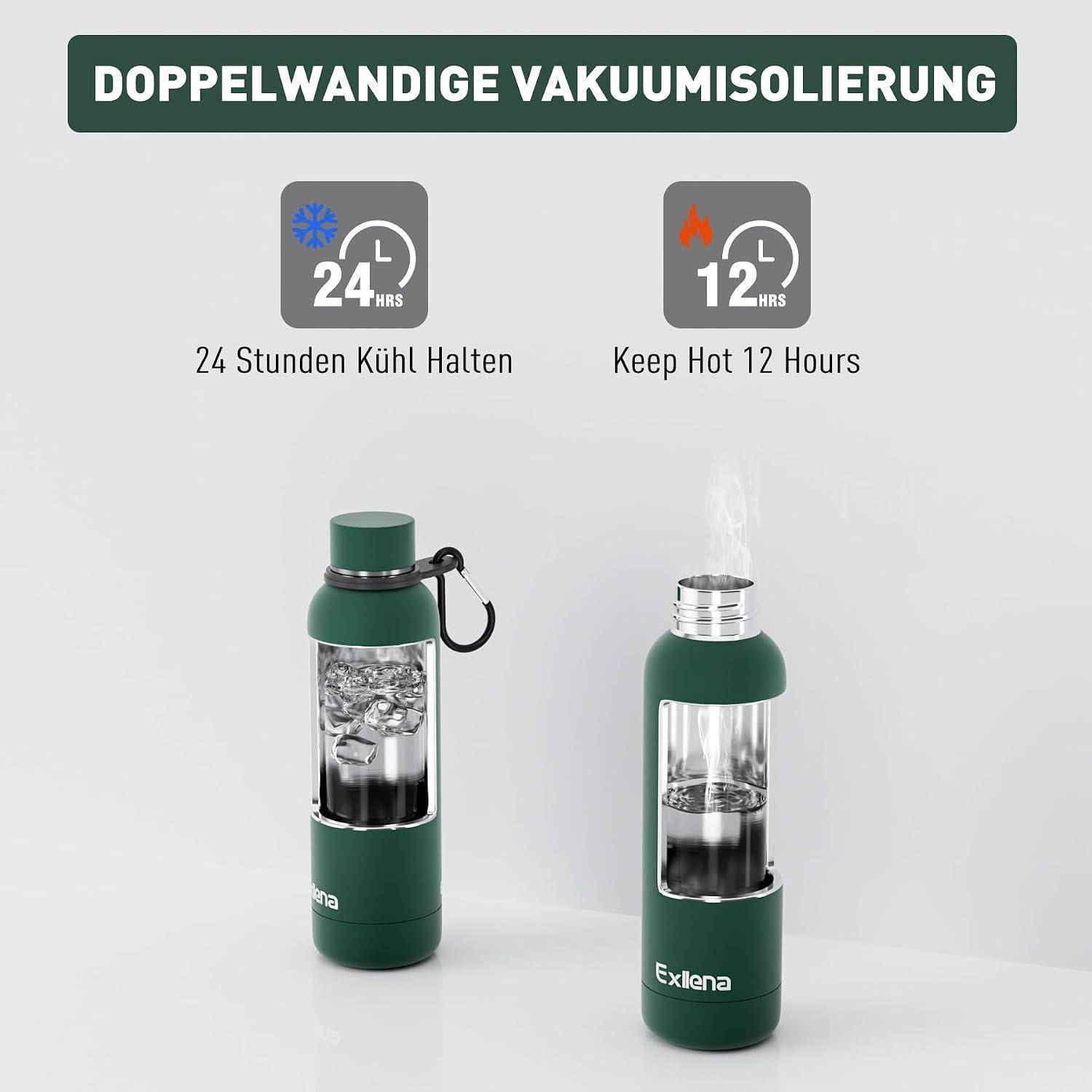 Exllena Thermosflasche Edelstahl 500ml Smaragdgrün