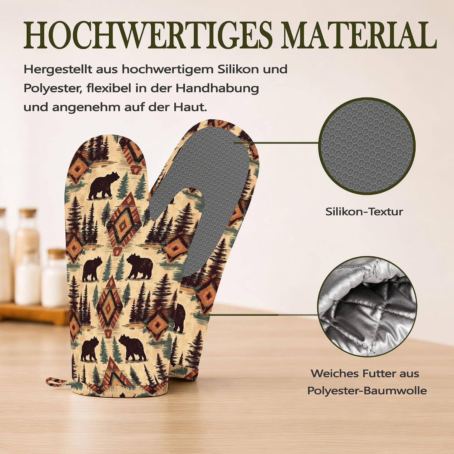 Ofenhandschuhe & Topflappen 4er Set Silikon Retro Tribal Bären Hitzebeständig