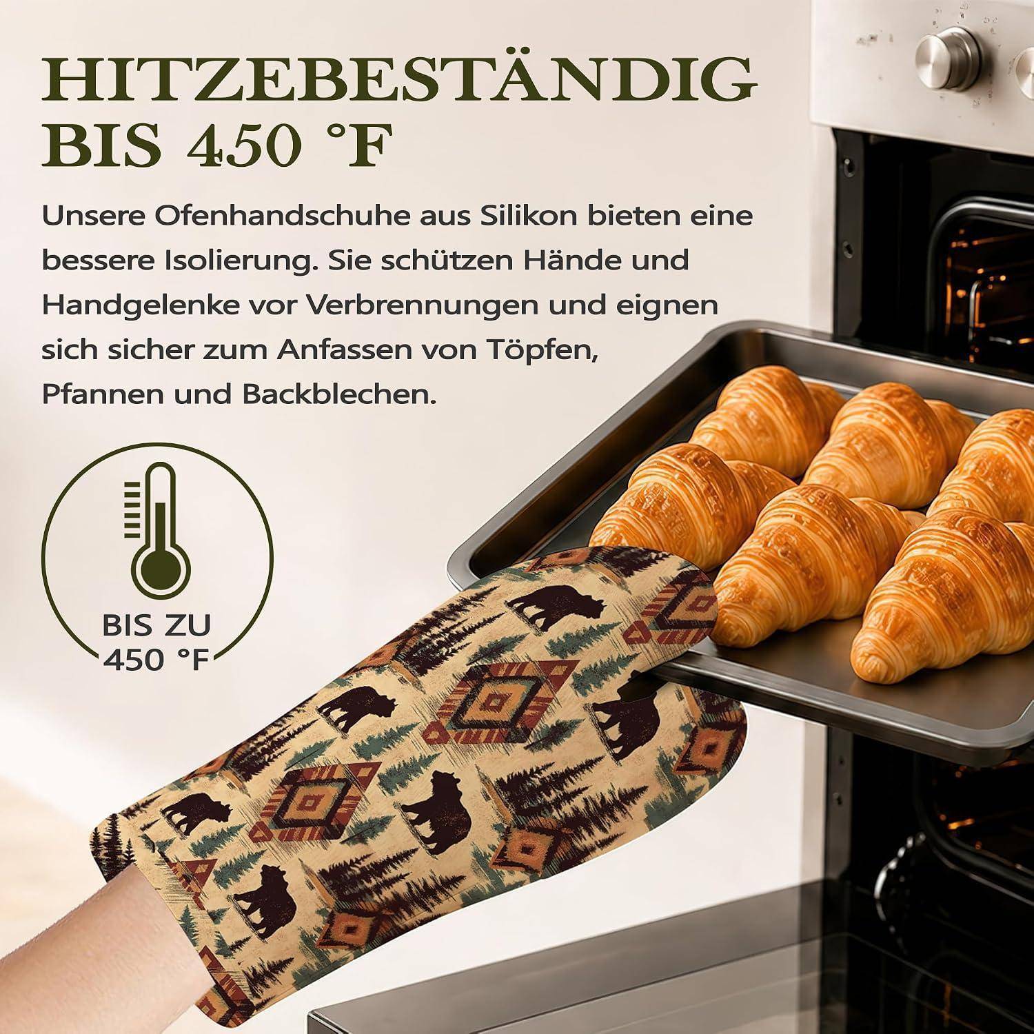 Ofenhandschuhe & Topflappen 4er Set Silikon Retro Tribal Bären Hitzebeständig