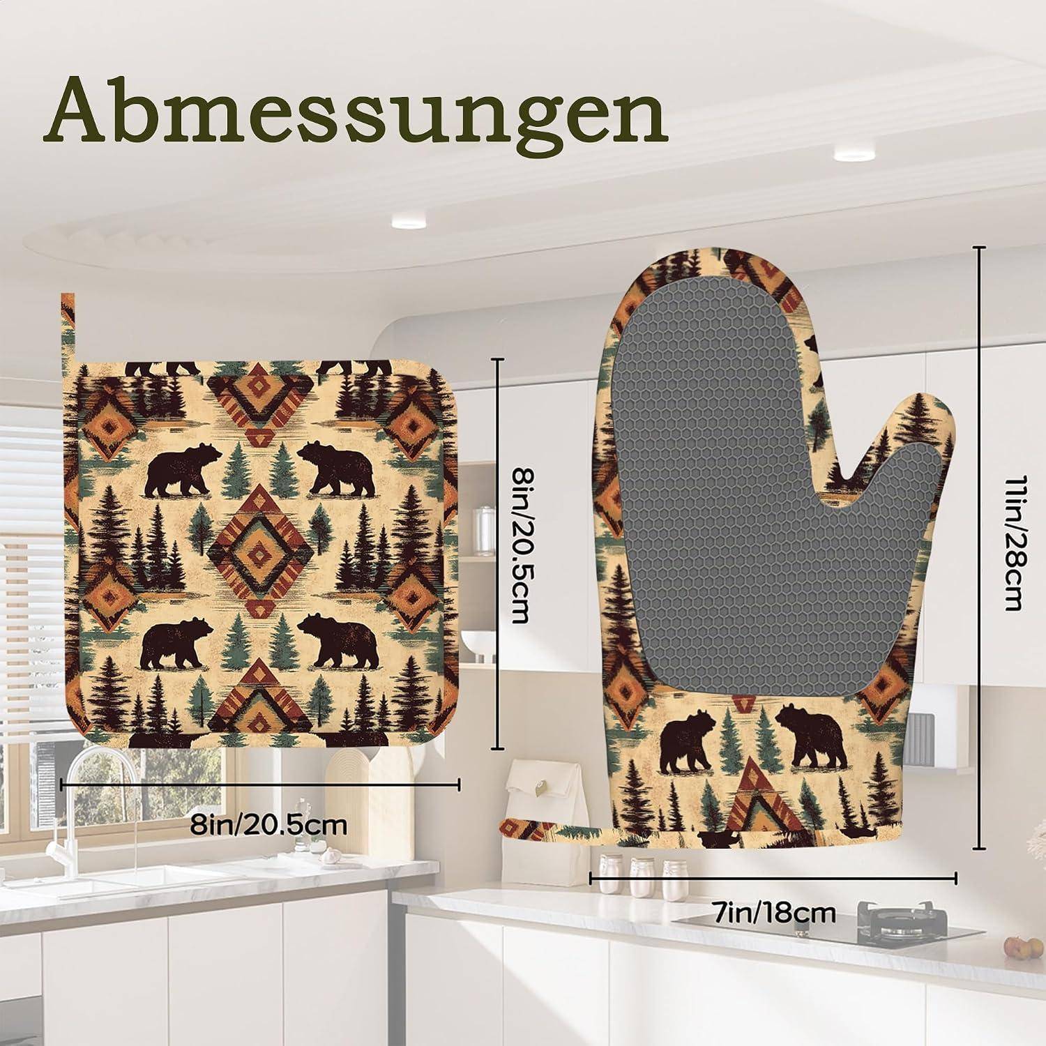 Diagramm mit Produktmaßen für einen Ofenhandschuh mit Bärenmuster und einem passenden quadratischen Topflappen, mit Angaben in Zoll und Zentimetern.