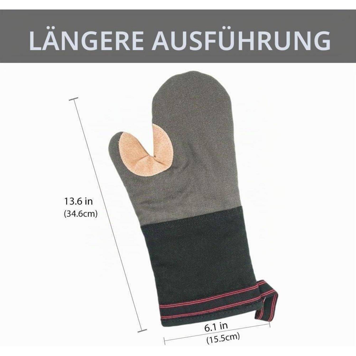 Graues Ofenhandschuh mit der Aufschrift „LÄNGERE AUSFÜHRUNG
