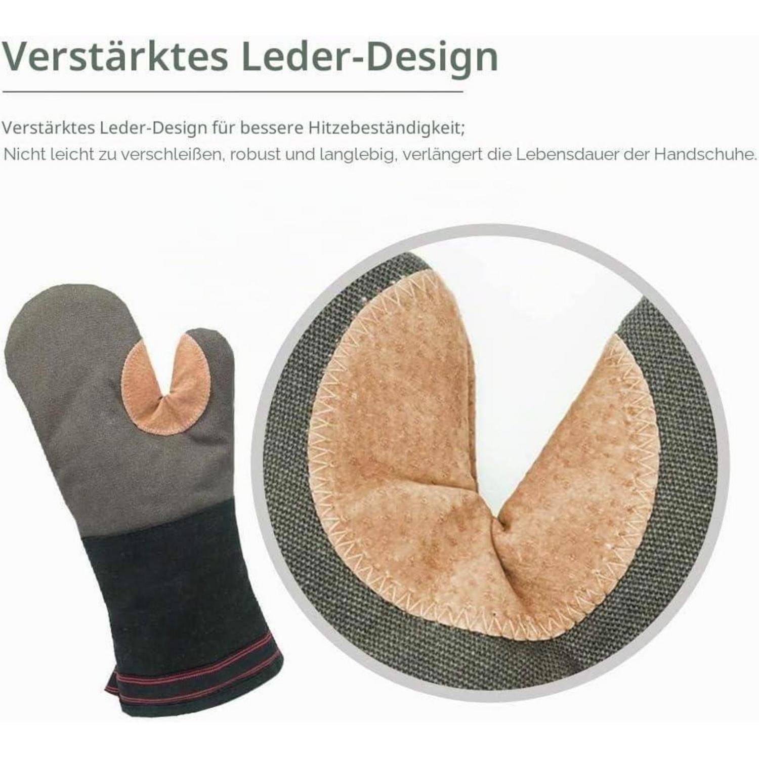 Deutsches Produktgrafik, das einen Handschuh mit verstärktem Lederdesign zeigt und Hitzebeständigkeit, Langlebigkeit und längere Lebensdauer hervorhebt.
