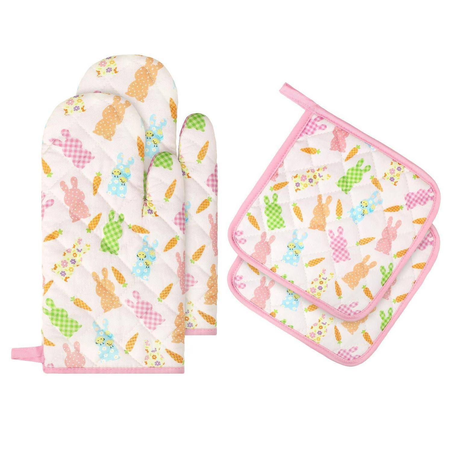Ofenhandschuh & Topflappen Set 4tlg. Baumwolle Hase Motiv