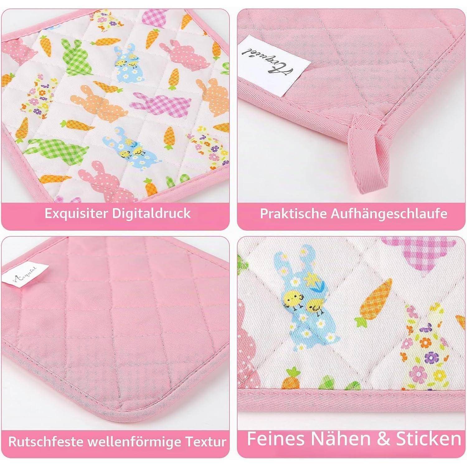 Rosa gesteppter Topflappen mit Häschen- und Möhrenmotiv, Aufhängeschlaufe, rutschfeste Wellentextur und feiner Steppung.