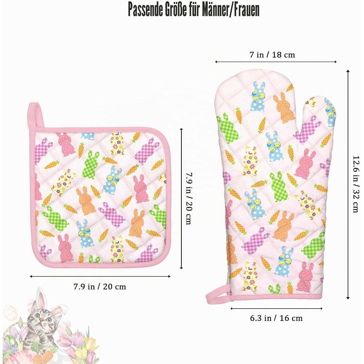 Produktgrößentabelle mit rosafarbener gesteppter Ofenhandschuh und Topflappen mit Hasendruck; Beschriftungen zeigen Handschuh 12,6 x 6,3 Zoll, Topflappen 7,9 x 7,9 Zoll, Titel auf Deutsch.