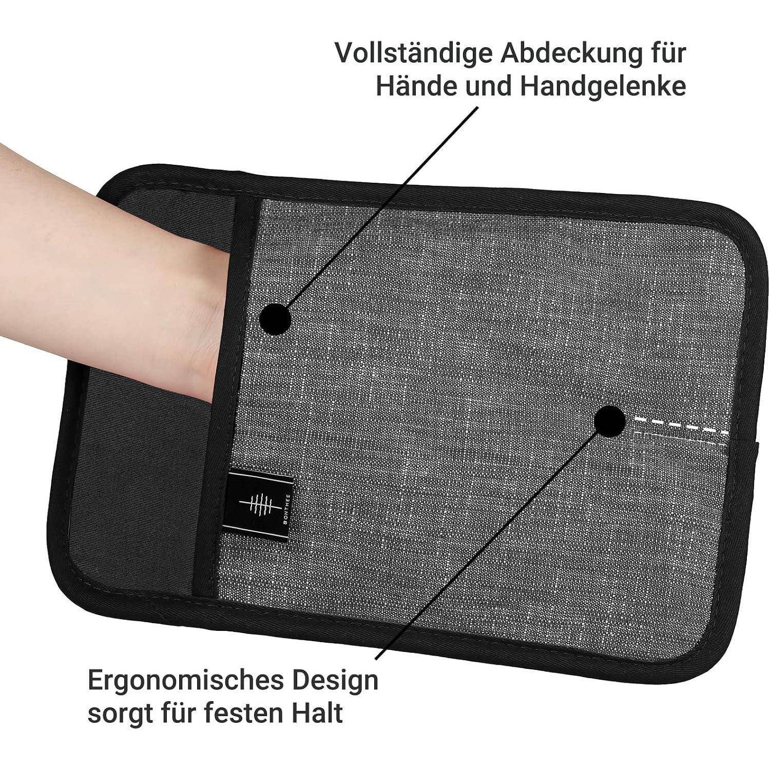 Schwarze Handgelenk- und Handstützwickel am Arm, mit deutschen Beschriftungen, die vollständige Abdeckung und ergonomisches Design für einen sicheren Sitz beachten.
