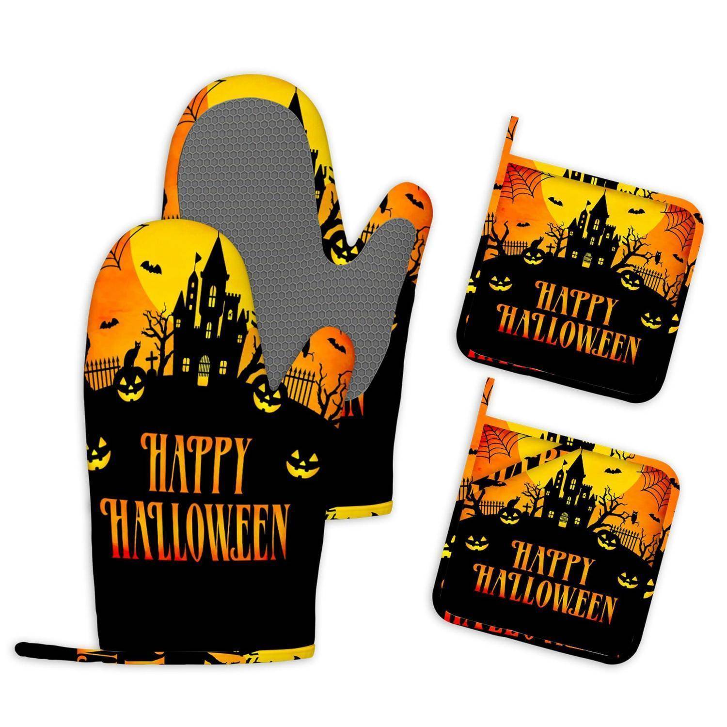 Ofenhandschuh zu Halloween und zwei passende Topflappen mit „HAPPY HALLOWEEN