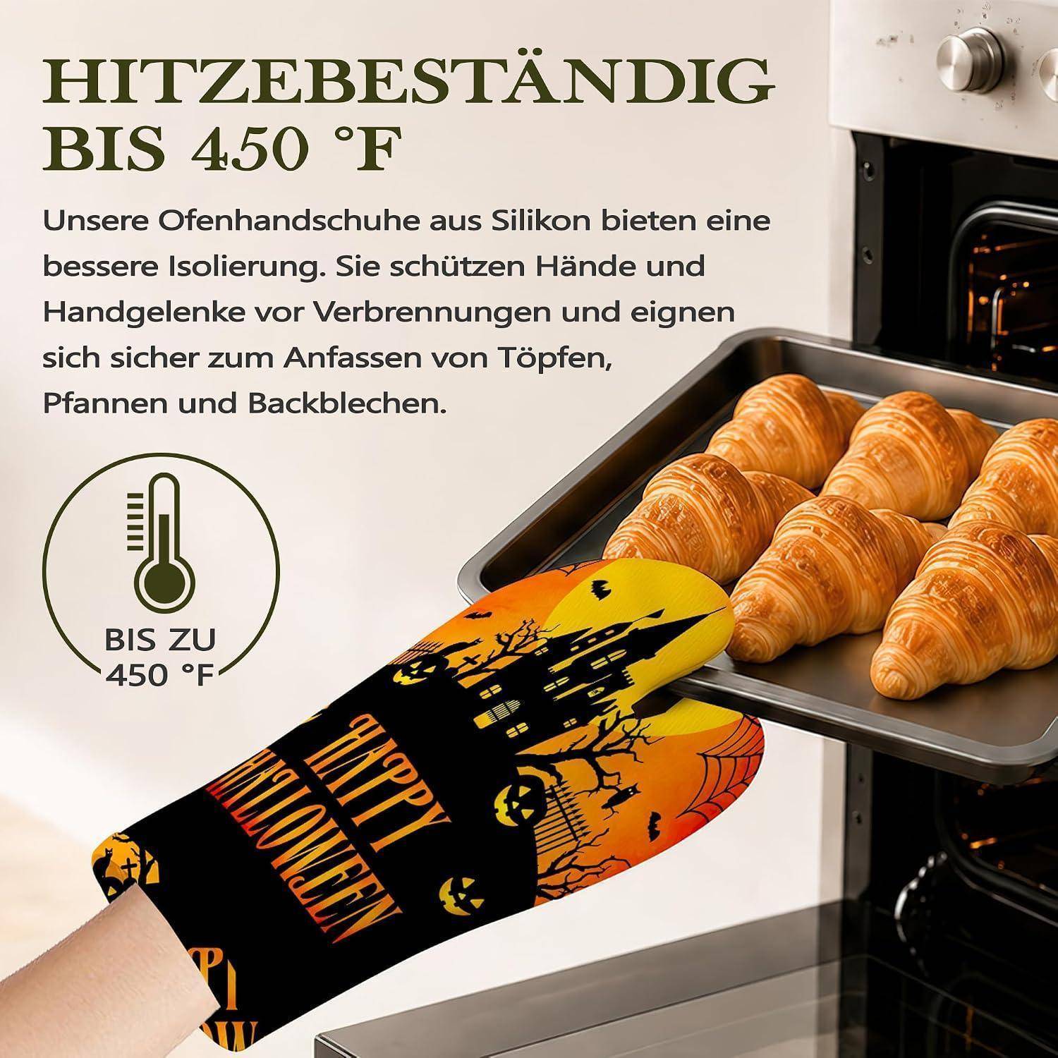Werbeanzeige mit einem Halloween-Silikon-Ofenhandschuh, der ein Tablett mit Croissants hält, mit deutschem Text, der Hitzebeständigkeit bis 450°F und Handschutz bewirbt.