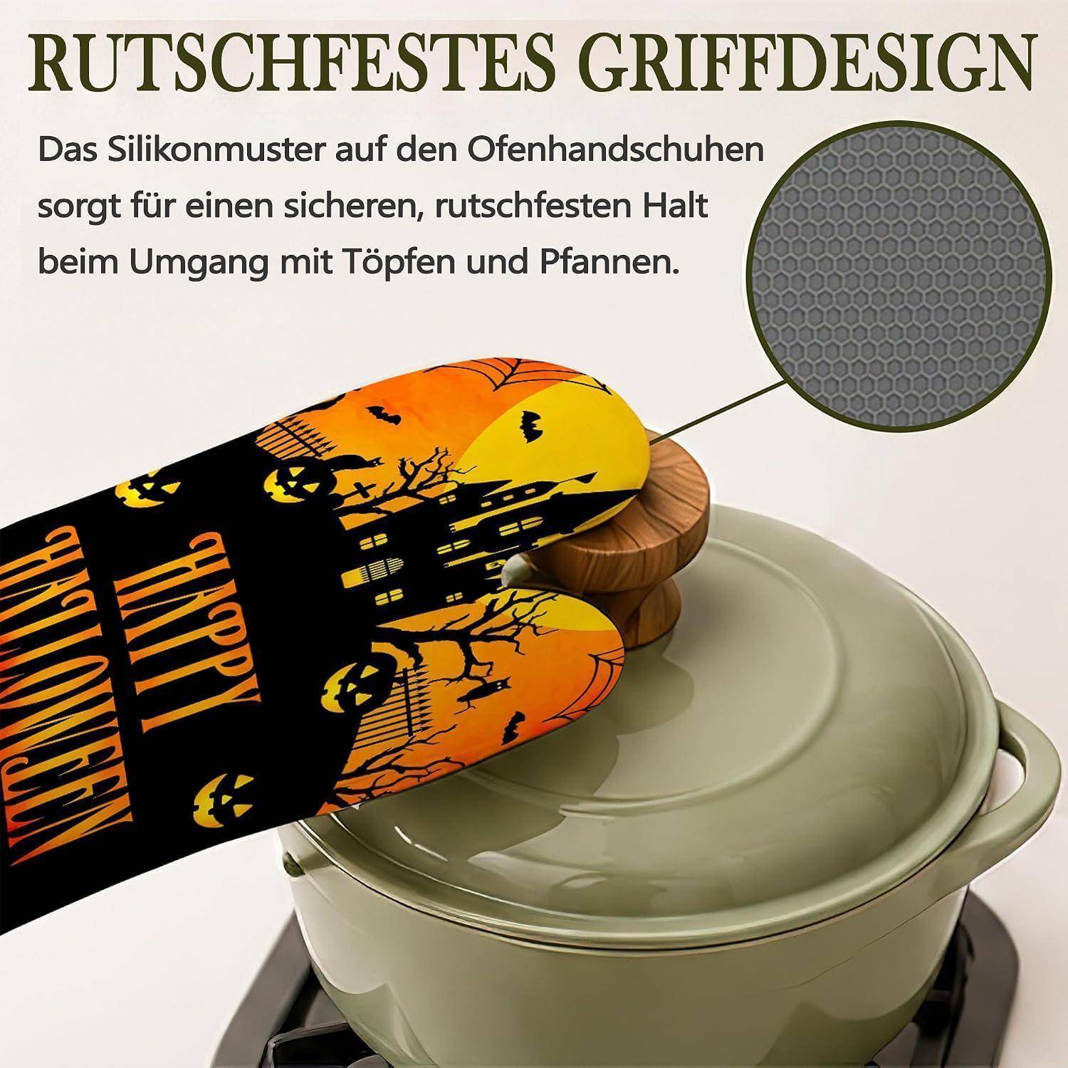 Halloween-Motiv-Ofenhandschuh, der einen Topf mit Deckel hält; die Einzoomung zeigt das Silikonmuster für einen sicheren, rutschfesten Griff.