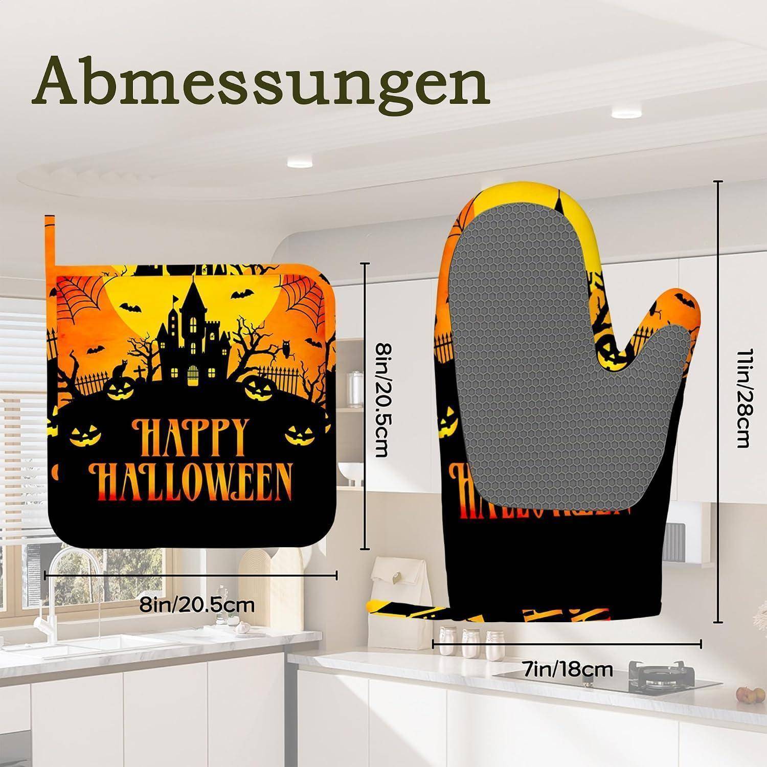 Halloween-Ofenhandschuh und Topflappen-Set mit 'HAPPY HALLOWEEN'-Design, gezeigt mit Maßen: Handschuh 11 Zoll/28 cm und 7 Zoll/18 cm, Topflappen 8 Zoll/20,5 cm.