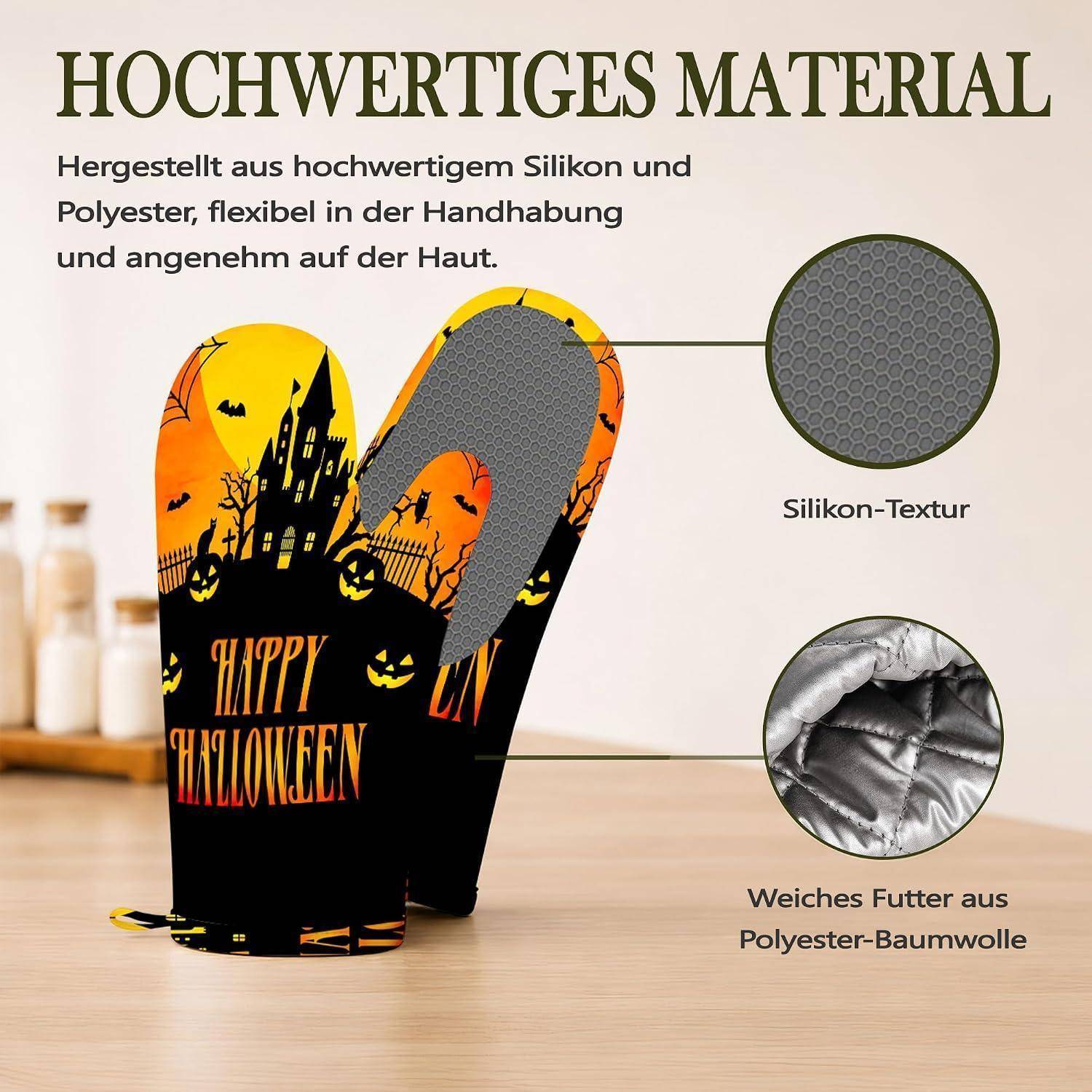 Ofenhandschuhe für Halloween, die mit Etiketten ausgestellt sind, die hochwertige Silikon- und Polyestermaterialien, Silikonstruktur und weiches Polyester-Baumwoll-Futter hervorheben.