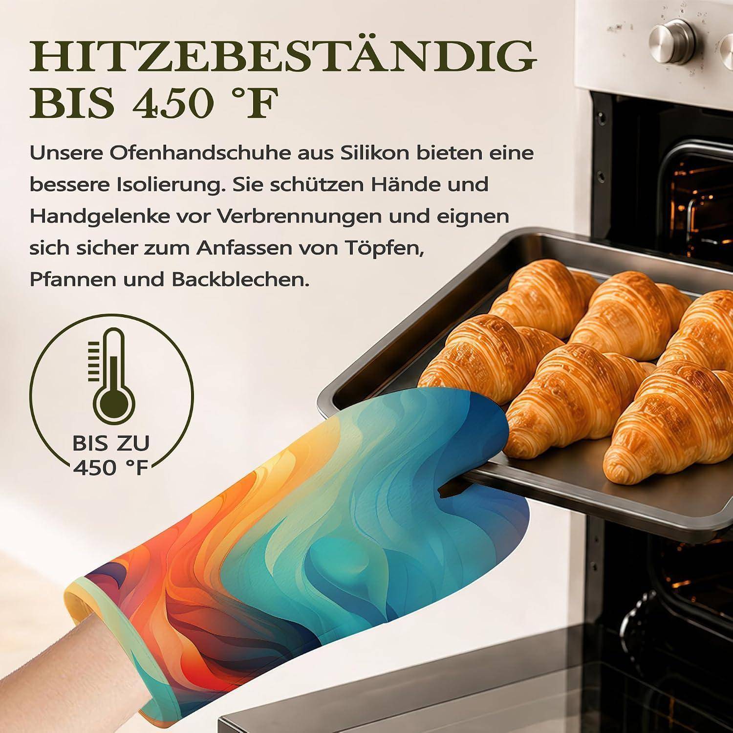 Silikon-Ofenhandschuhe für sichere und komfortable Küchenzubereitung. Das Bild zeigt einen bunten Handschuh, der ein heißes Backblech mit Croissants hält. Der Text besagt hitzebeständig bis zu 450°F.