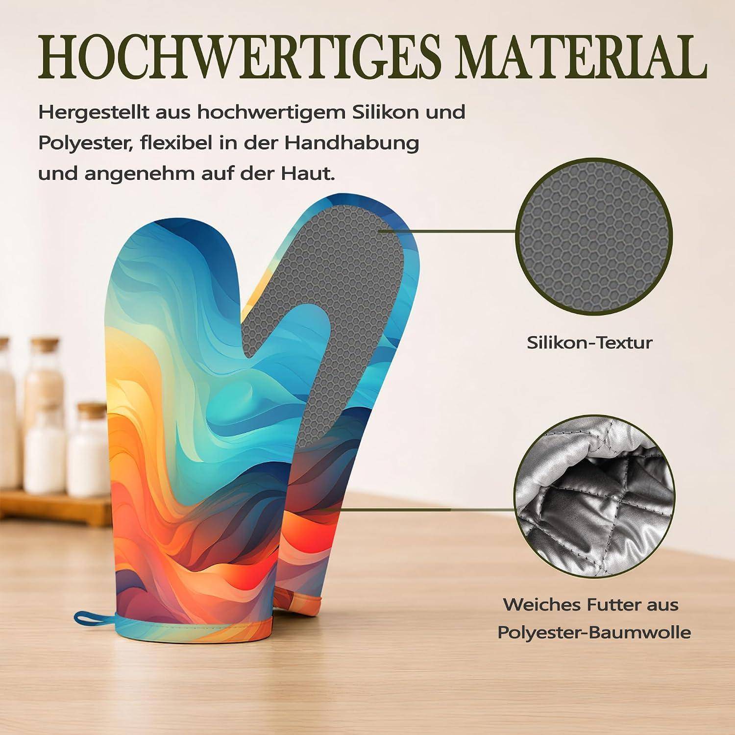 Infografik eines farbenfrohen Ofenhandschuhs aus Silikon und Polyester, der die Silikonstruktur und das weiche Polyester-Baumwoll-Futter hervorhebt; Text sagt „Hochwertiges Material