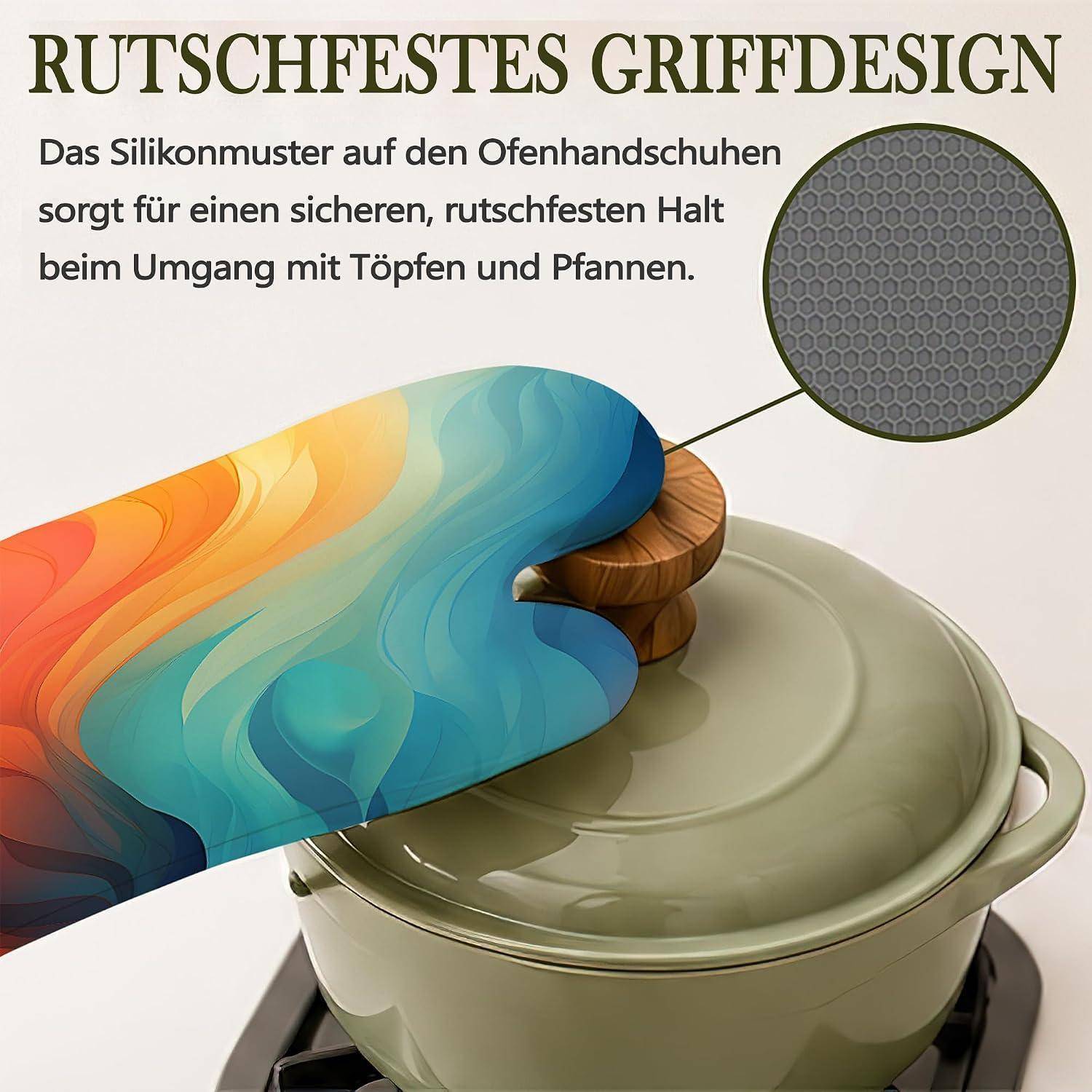 Werbung für Ofenhandschuhe mit rutschfestem Griffdesign und einer Nahaufnahme des Silikonmusters für sicheres, rutschfreies Handling von Töpfen und Pfannen.