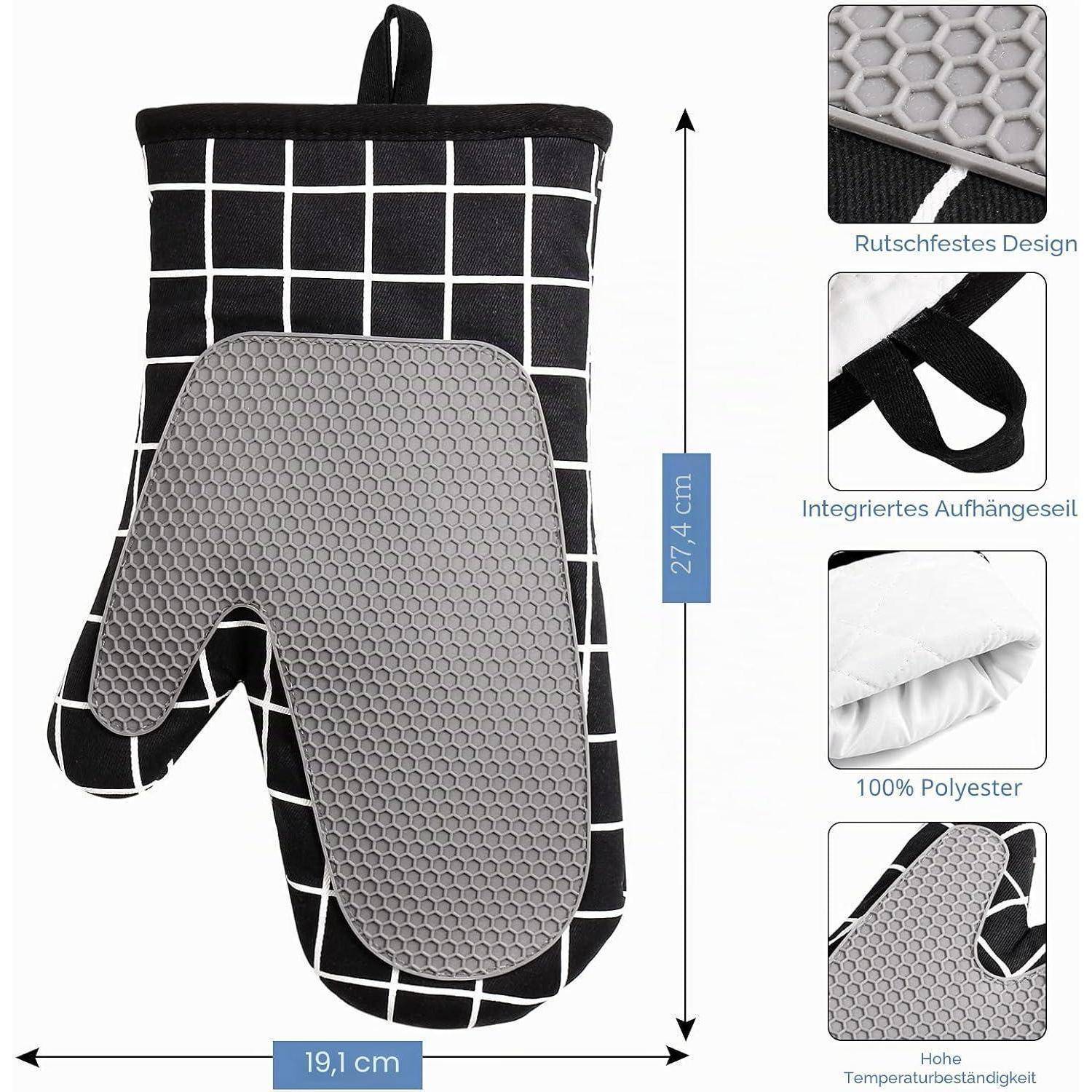 Schwarz-weiße karierte Ofenhandschuh mit grauem Silikongriff, Aufhängeschlaufe und Größenetiketten 27,4 cm mal 19,1 cm; eingefügte Beschriftungen zeigen rutschfestes Design und 100% Polyester.