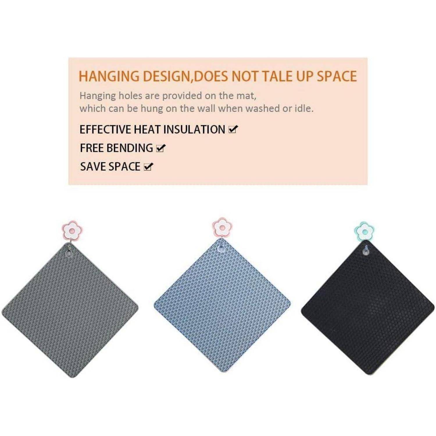 Produktbild mit drei diamantförmigen Hängematten in Grau, Blau und Schwarz mit Text, das besagt, dass sie Platz sparen, Wärmeisolierung bieten und frei biegbar sind.