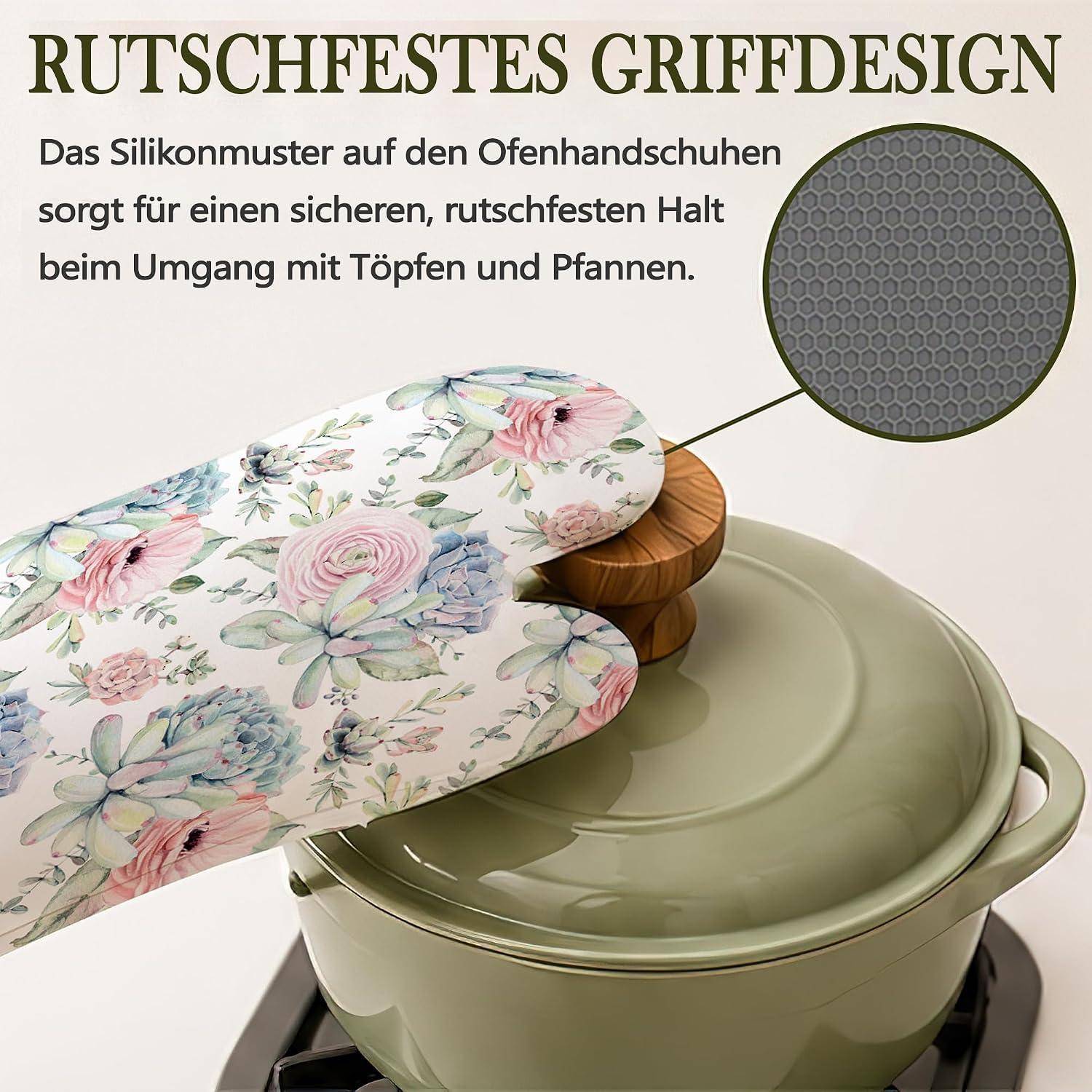 Blumenförmiger Ofenhandschuh, der einen heißen Topf mit Deckel greift und das rutschfeste Griffdesign aus Silikon für sichere, rutschfeste Handhabung hervorhebt.
