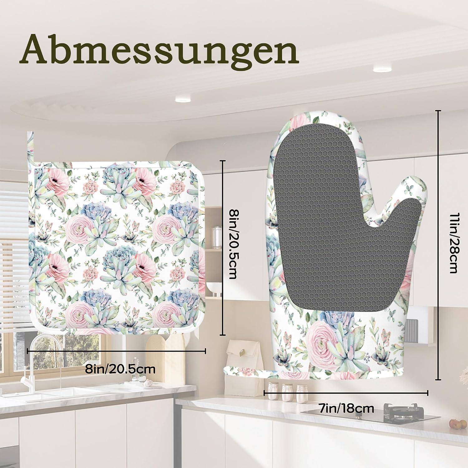 Blumenmuster-Ofenhandschuh-Größenchart mit Vorder- und Rückansicht, mit den Abmessungen 8 Zoll/20,5 cm x 11 Zoll/28 cm und einer Breite von 7 Zoll/18 cm.