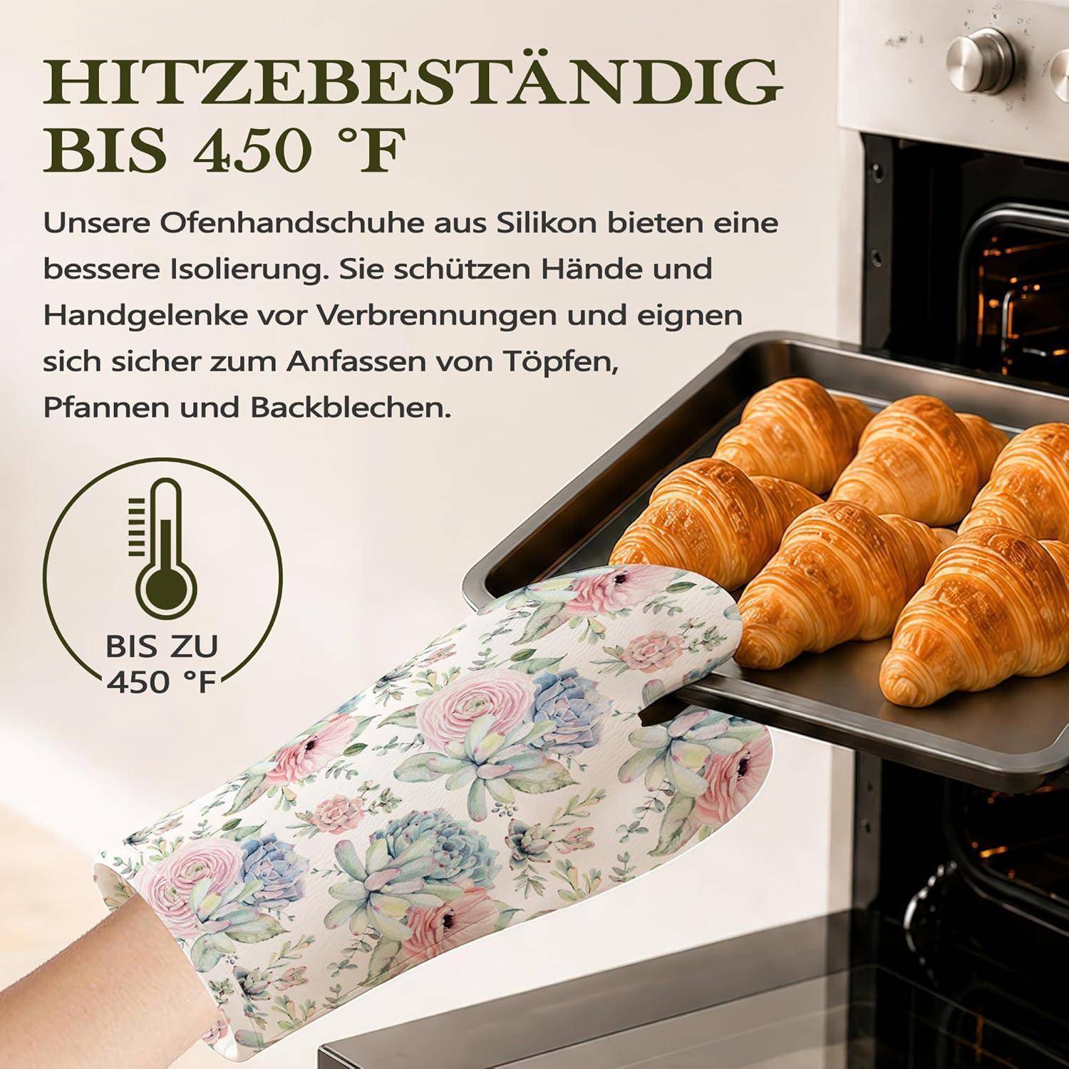 Eine deutsche Anzeige zeigt einen blumigen Silikon-Ofenhandschuh, der ein heißes Tablett mit Croissants neben dem Ofentext „HITZEBESTÄNDIG BIS 450 °F
