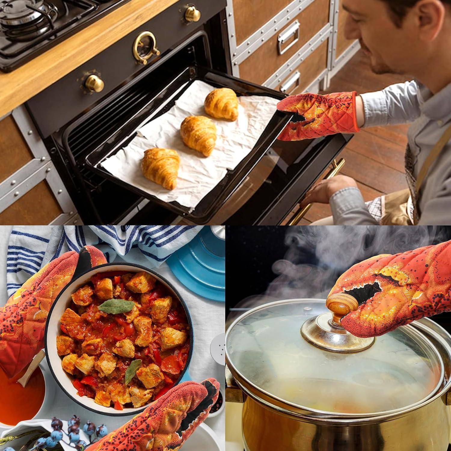 Collage von Ofenhandschuhen zum Backen und Kochen: Entfernung von Croissants aus einem Ofen, Handhabung eines heißen Topfdeckels und Halten einer Schüssel mit heißem Essen.