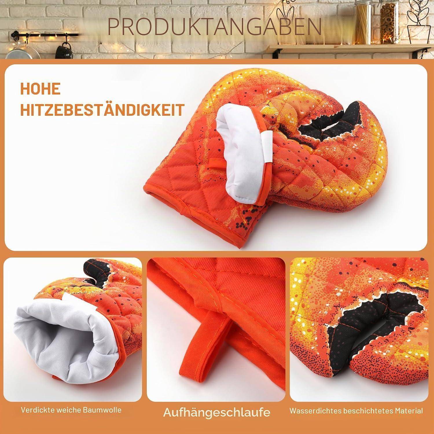 Produktbild von orangefarbigen hitzebeständigen Ofenhandschuhen mit Text „HOHE HITZEBESTÄNDIGKEIT