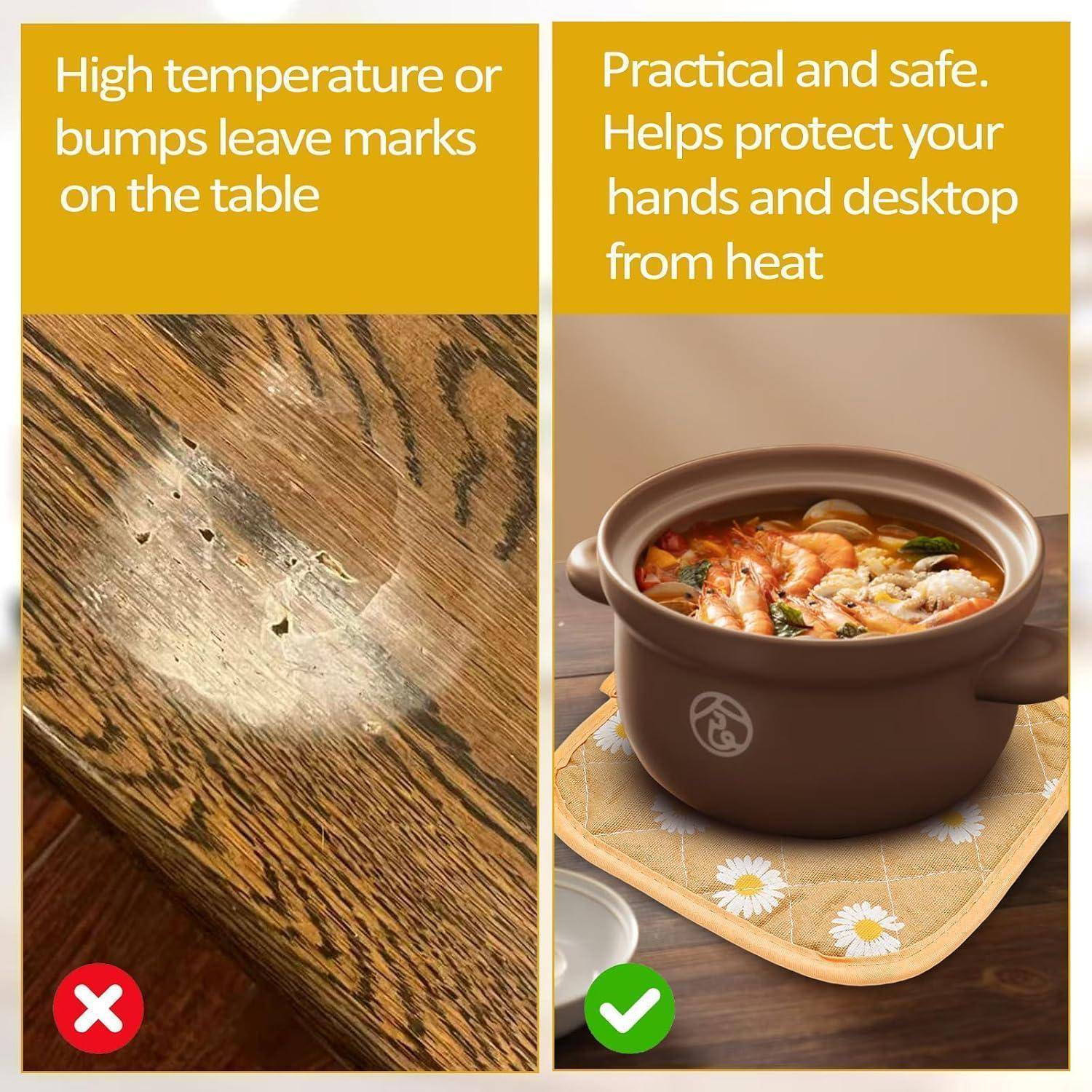 Gegenüberstellung: Eine heiße Schüssel hinterlässt Flecken auf einem Holztisch, während ein Topf auf einer hitzebeständigen Matte die Oberfläche sicher schützt.