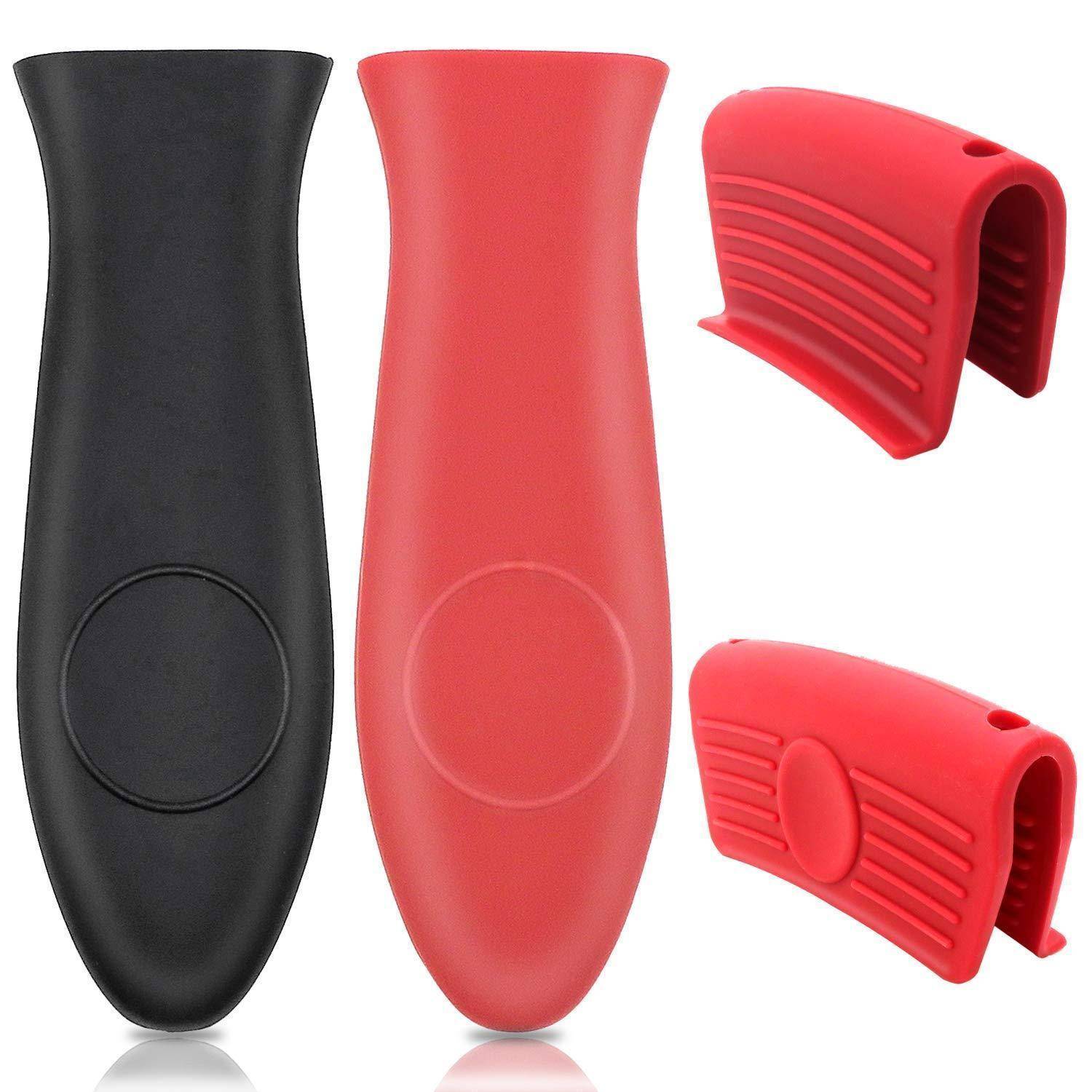 Silikongriffe für Töpfe in Schwarz und Rot, mit zwei flachen Griffen und zwei Zangenmitt-Haltern im Handschuh-Stil für heiße Kochgeschirr-Griffe.
