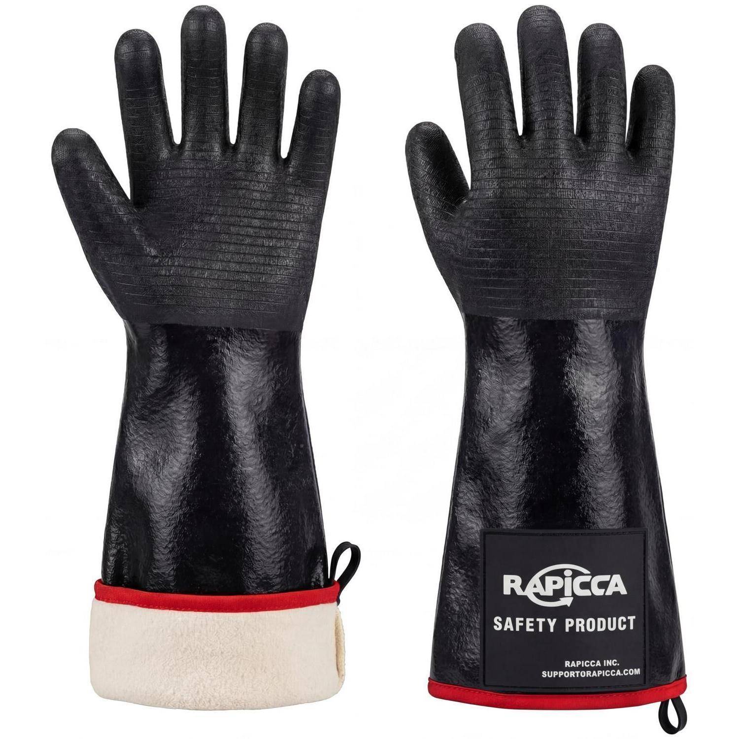 Paar schwarze Schutzhandschuhe mit rotem Besatz und weißen Manschetten, Vorder- und Rückansicht auf weißem Hintergrund.