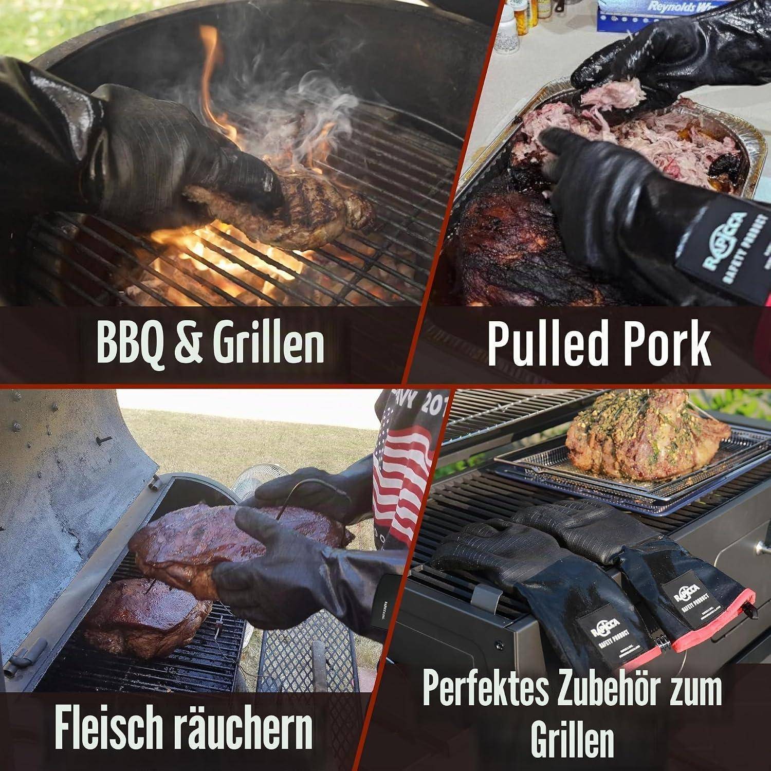 Collage von behandschuhten Händen beim Grillen und Zerreißen von geräuchertem Schweinefleisch auf einem Grill, mit deutschen Bildunterschriften, die Grillgeräte, Fleischräuchern und Grillzubehör bewerben.