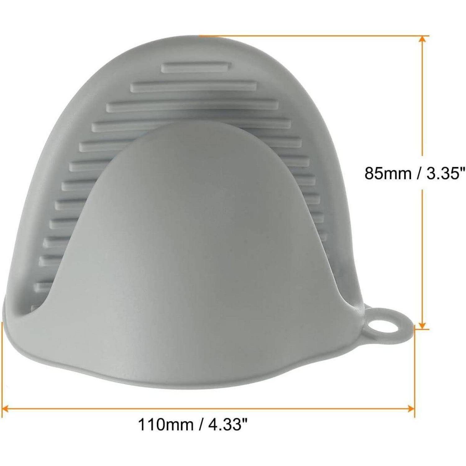 Grauer Silikon-Fingerschutz oder Topfhalter, dargestellt mit Abmessungen von 110 mm Breite und 85 mm Höhe.