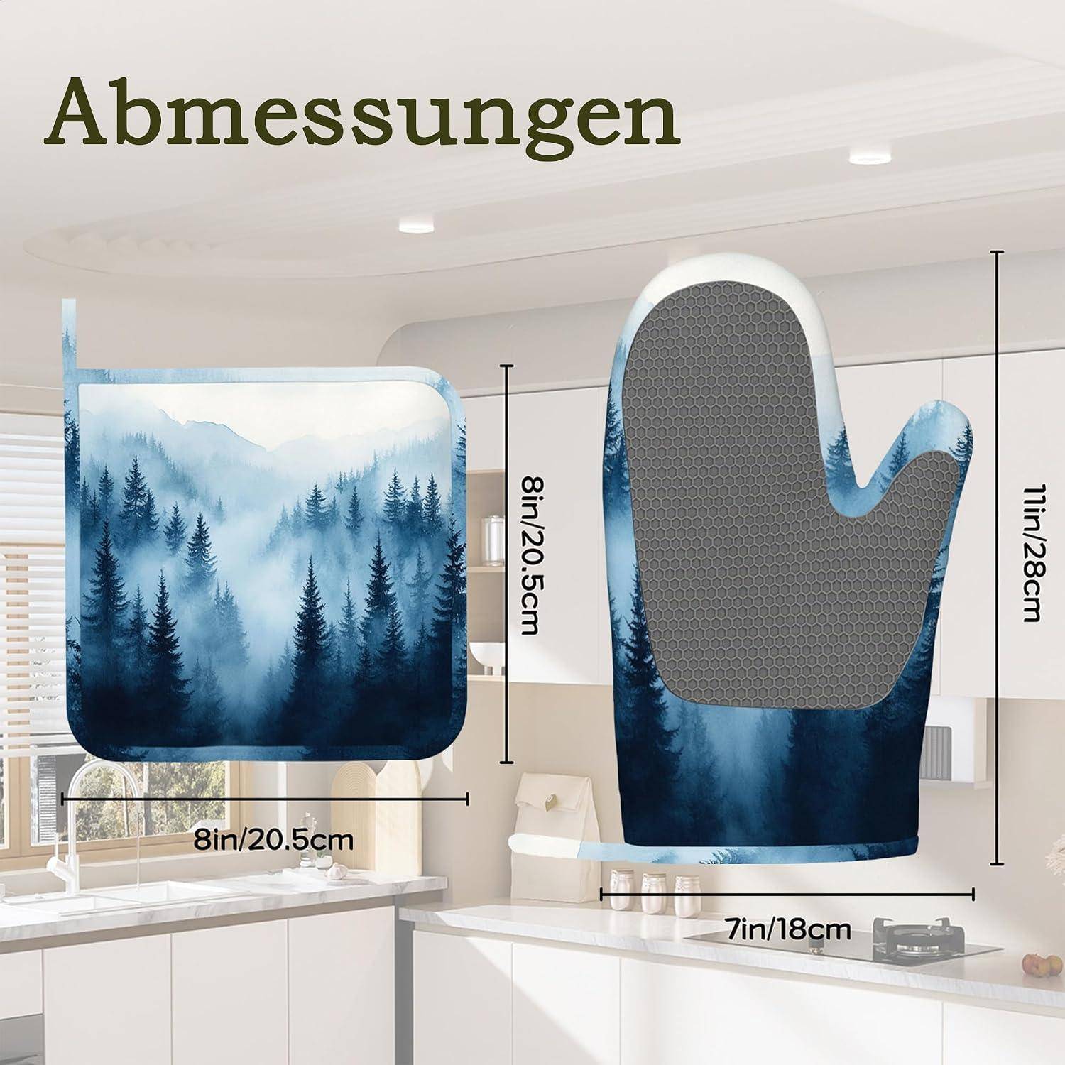 Küchenofenhandschuh-Abmessungen mit einem quadratischen Topflappen und einem Handschuh in blauem Waldprint gezeigt, beschriftet 8in/20,5cm, 7in/18cm und 11in/28cm.