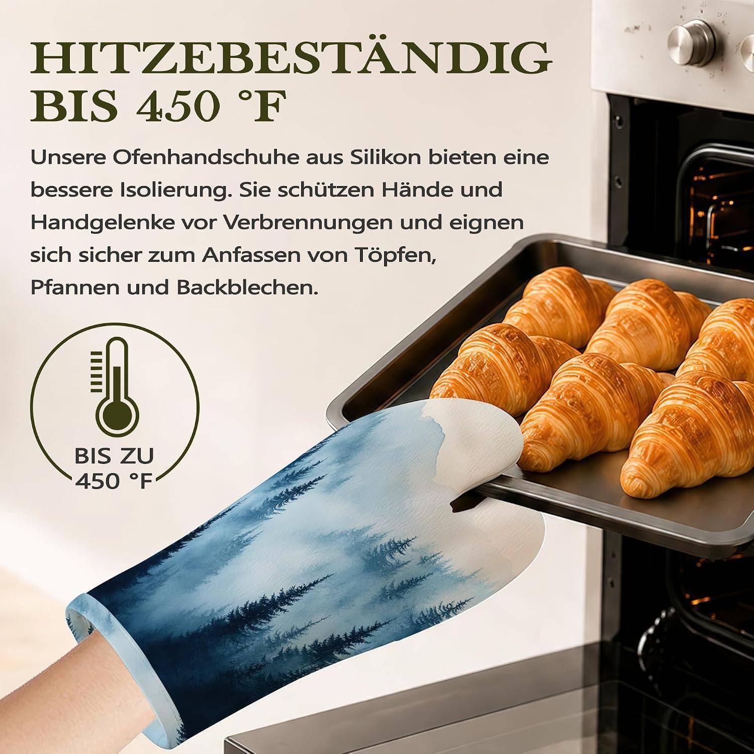 Deutsches Angebot, das einen Silikonofenhandschuh zeigt, der ein heißes Backblech mit Croissants hält, gekennzeichnet mit hitzebeständig bis 450°F und sicher für die Verwendung im Ofen.