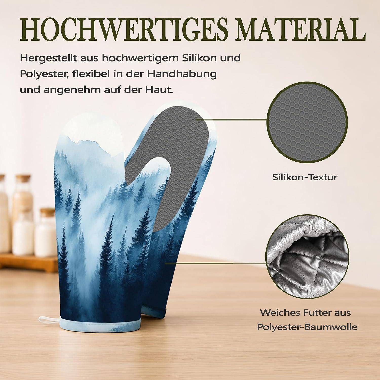 Produktgrafik zeigt einen Silikon- und Polyester-Ofenhandschuh mit „Hochwertiges Material