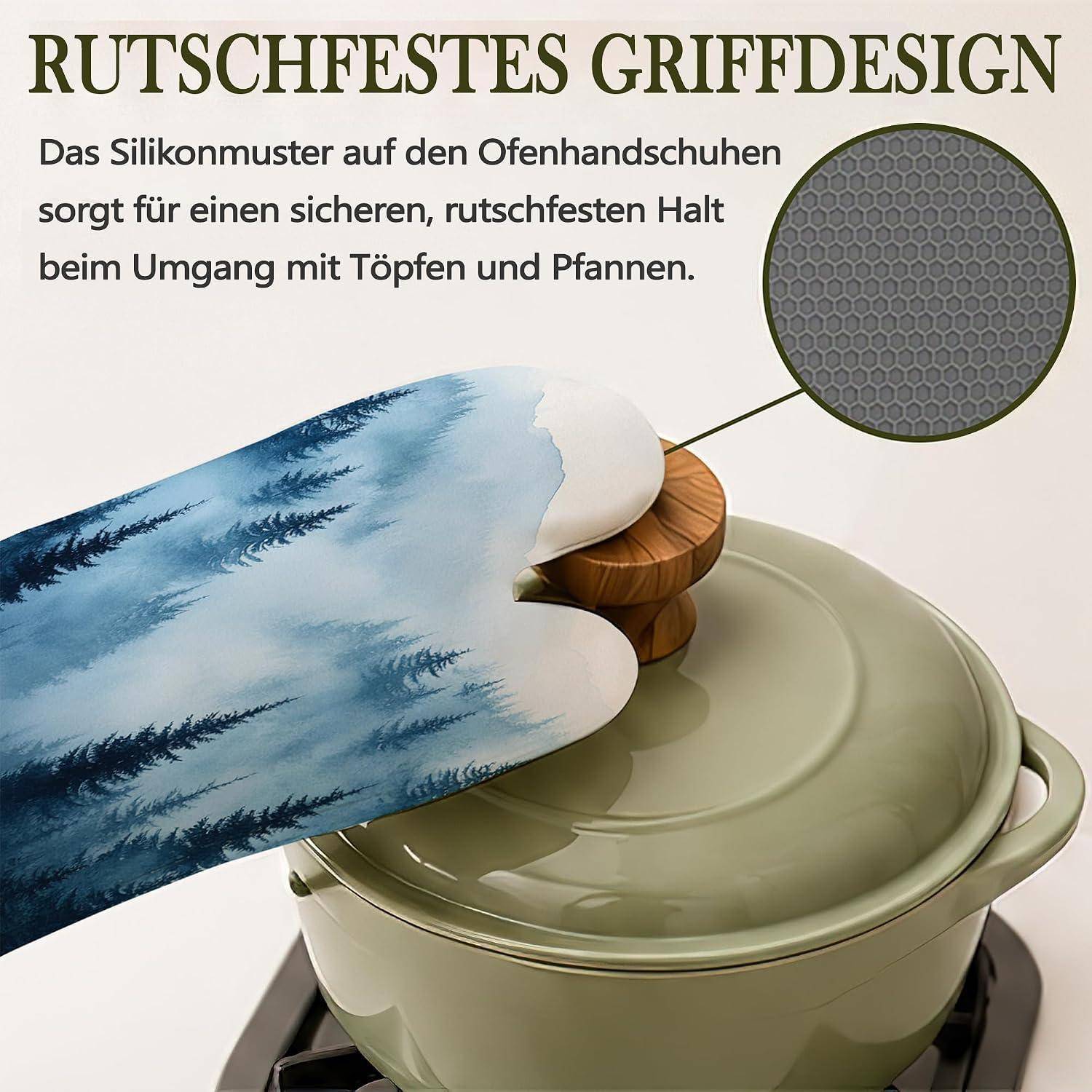 Ofenhandschuhe mit Silikonmuster für einen sicheren, rutschfesten Griff auf Töpfen und Pfannen; Nahaufnahme zeigt strukturierte Griffdetails.