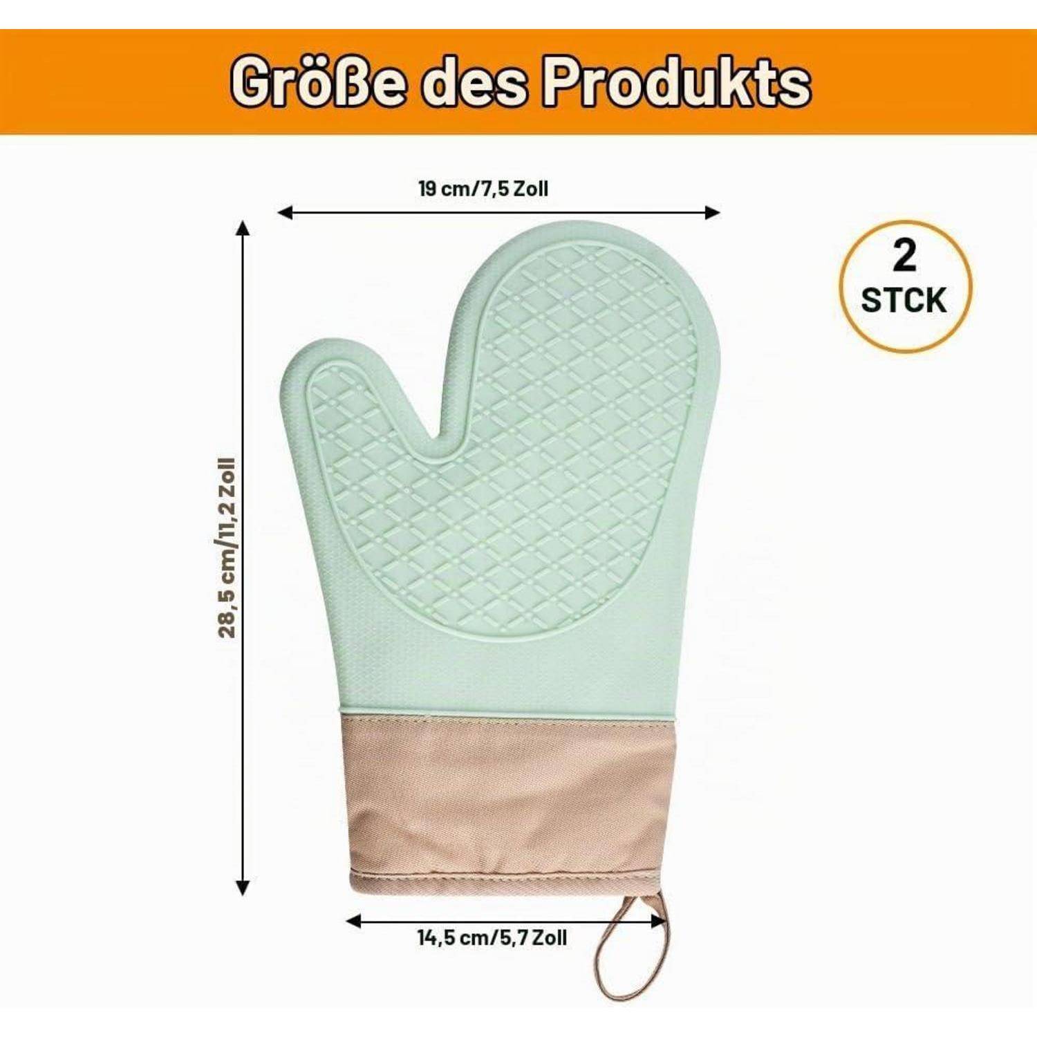 Größentabelle für Ofenhandschuh in Minzgrün: 28,5 cm hoch, 19 cm breit, 14,5 cm Manschette, verkauft als 2er-Set.