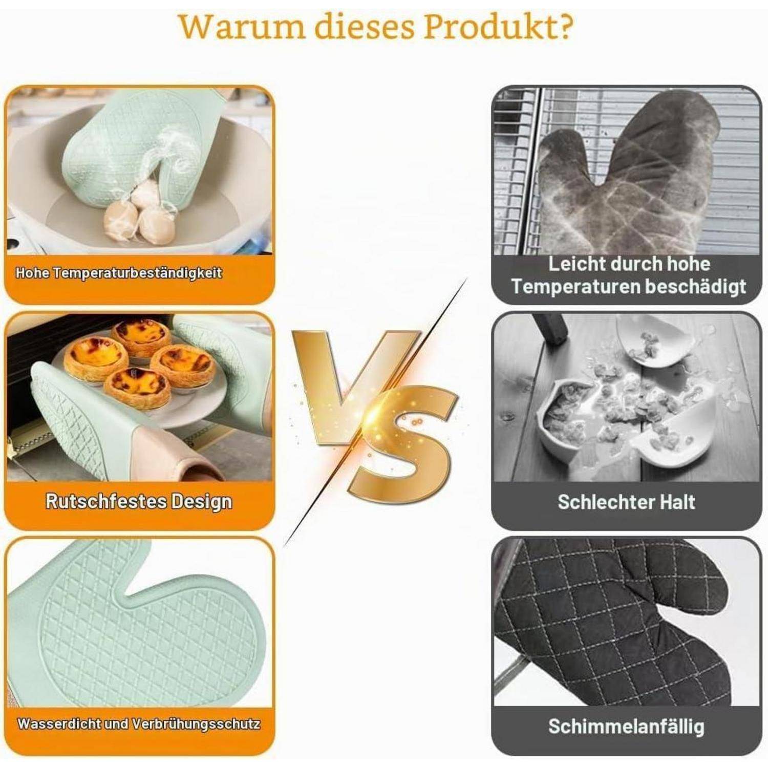 2 Stück Silikon Ofenhandschuhe Hitzebeständig bis 230°C Anti-Rutsch Baumwollfutter