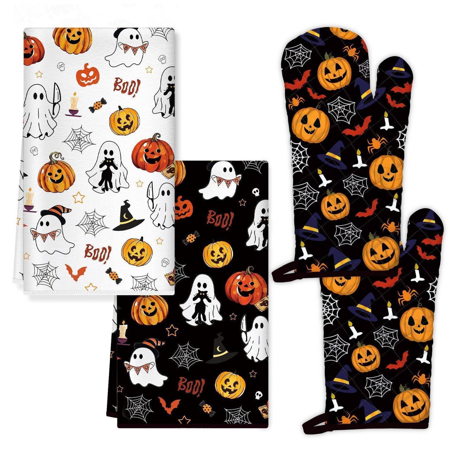 Satz für Halloween-Küchenlinnen mit Motiven von Gespenstern, Kürbissen, Fledermäusen, Spinnennetzen und „Boo