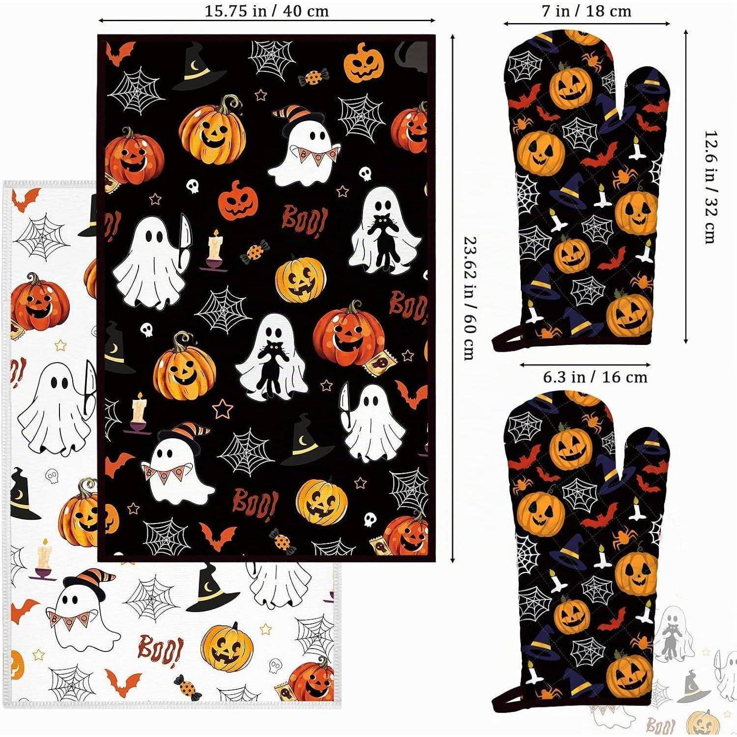 Halloween-Küchentextilien-Set mit Kürbis, Gespenst, Fledermaus, Spinnennetz und „BOO