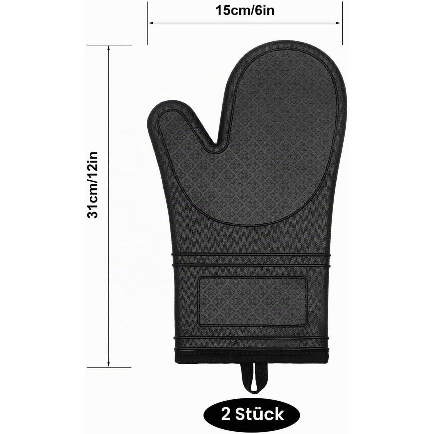 Schwarze Ofenhandschuhe mit Größenangaben von 31 cm/12 Zoll Höhe und 15 cm/6 Zoll Breite; Abbildung zeigt „2 Stück