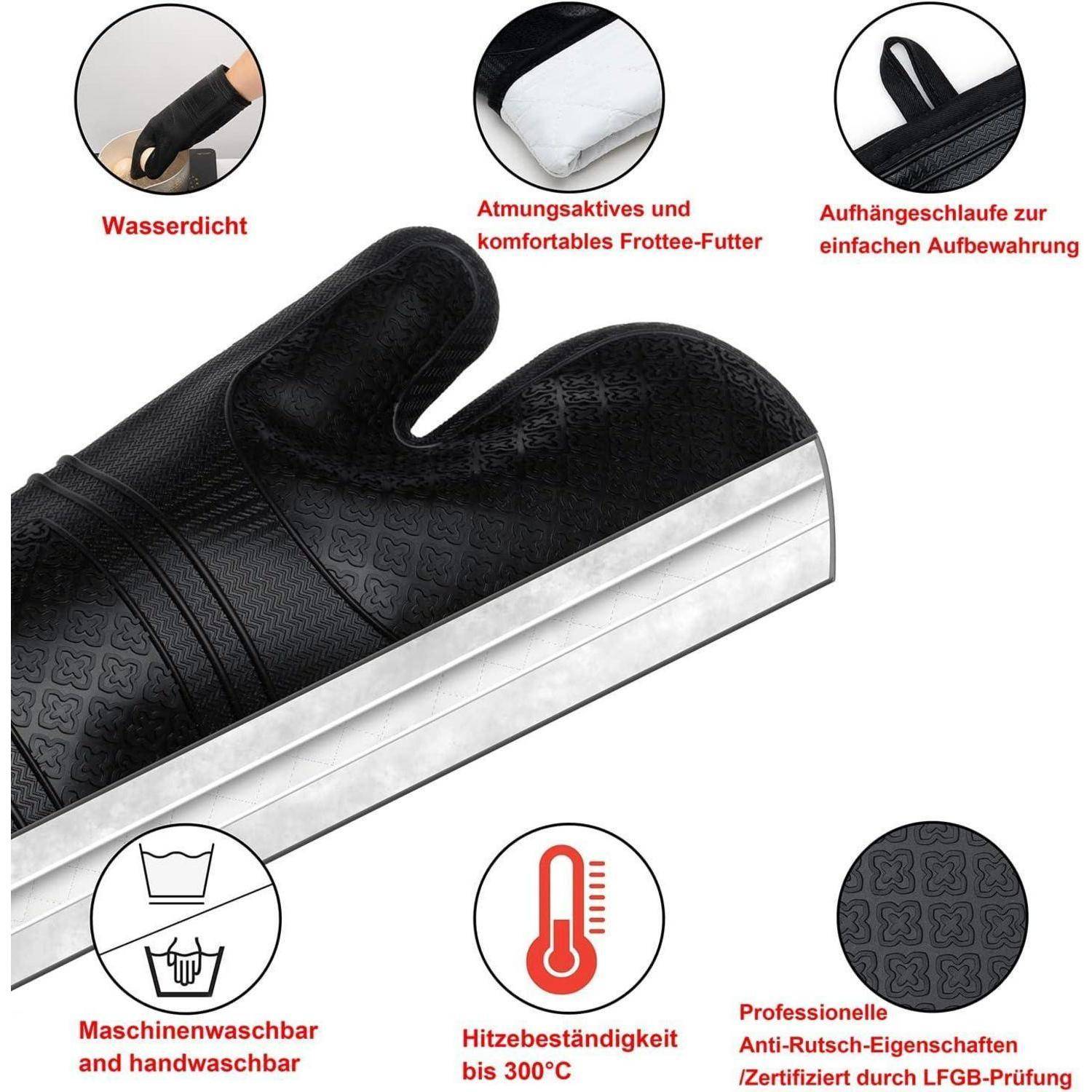 Schwarzer Slipper mit weißer Sohle, dargestellt als Produktgrafik mit Hervorhebung von wasserdicht, atmungsaktiver Frottee-Fütterung, Aufhängeschlaufe, maschinenwaschbar, wärmeverträglich und rutschfest Features.