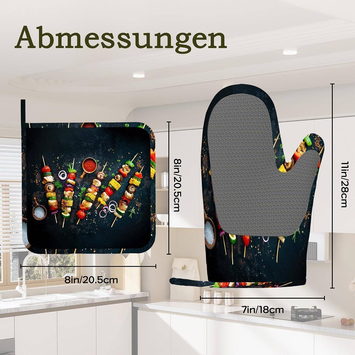 Illustrierte Ofenhandschuh-Abmessungen mit den Bezeichnungen 