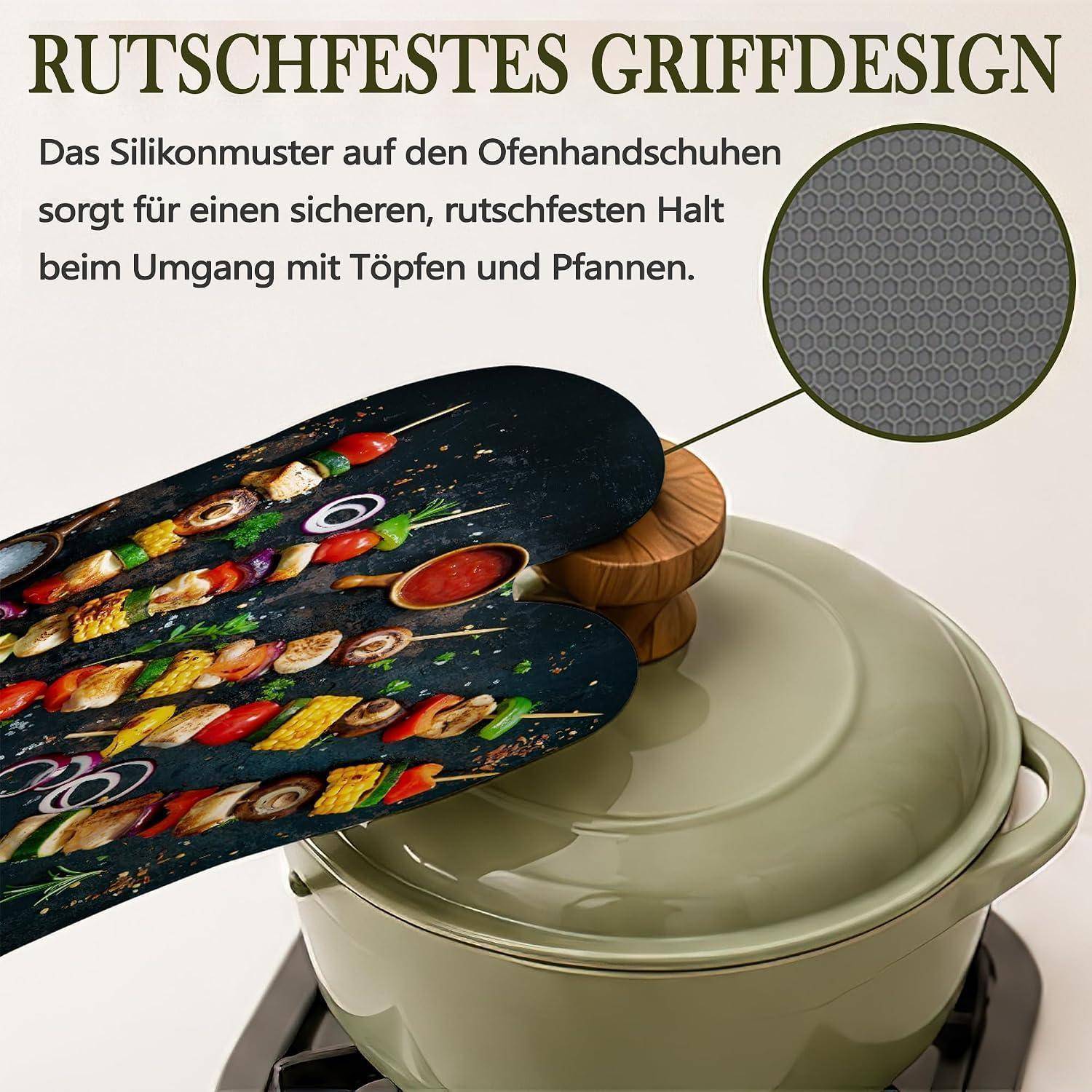 Werbebild von Ofenhandschuhen mit Silikongriffmuster, die einen heißen Topf halten; der Text sagt „Rutschfestes Griffdesign