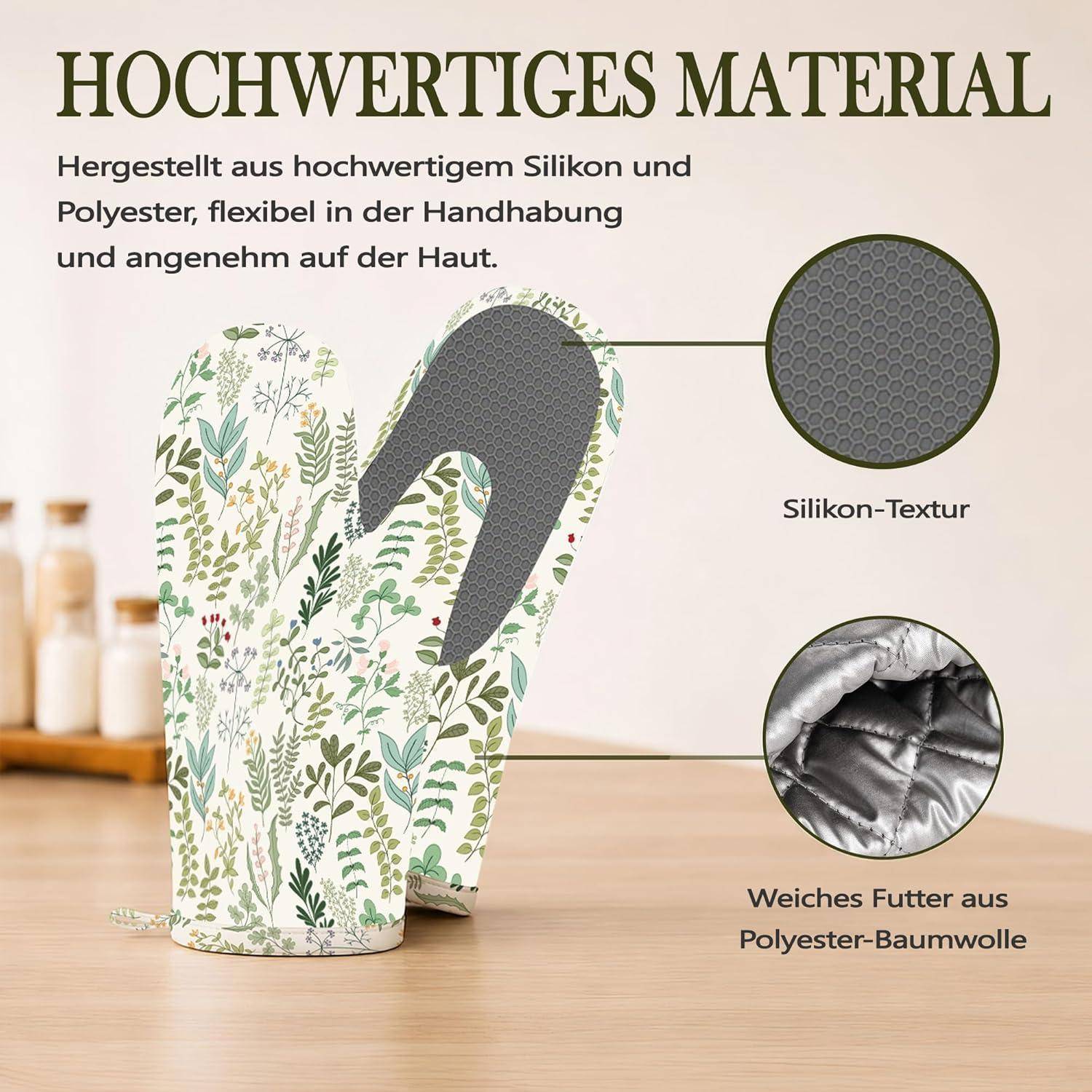Deutsches Werbegrafik eines floralen Ofenhandschuhs mit der Beschriftung „Hochwertiges Material