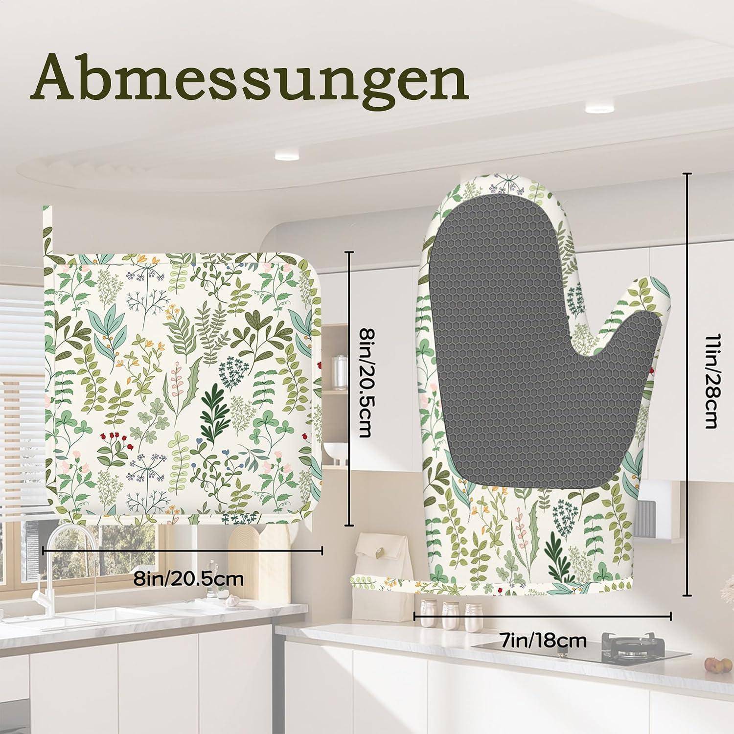 Größentabelle für Küchenhandschuhe mit zwei gemusterten Ofenhandschuhen und Maßen: 8 x 8 Zoll, 7 x 11 Zoll und 8 Zoll/20,5 cm Breite/Länge-Beschriftungen.