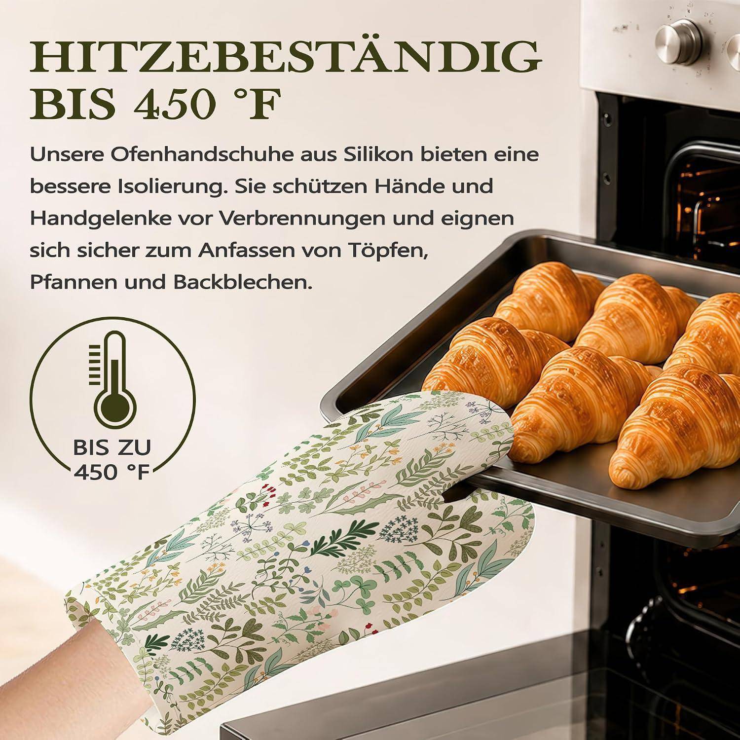 Silikon-Ofenhandschuhe, die eine Hand zeigen, die ein heißes Backblech mit Croissants hält; der Text besagt hitzebeständig bis 450°F und schützt die Hände.