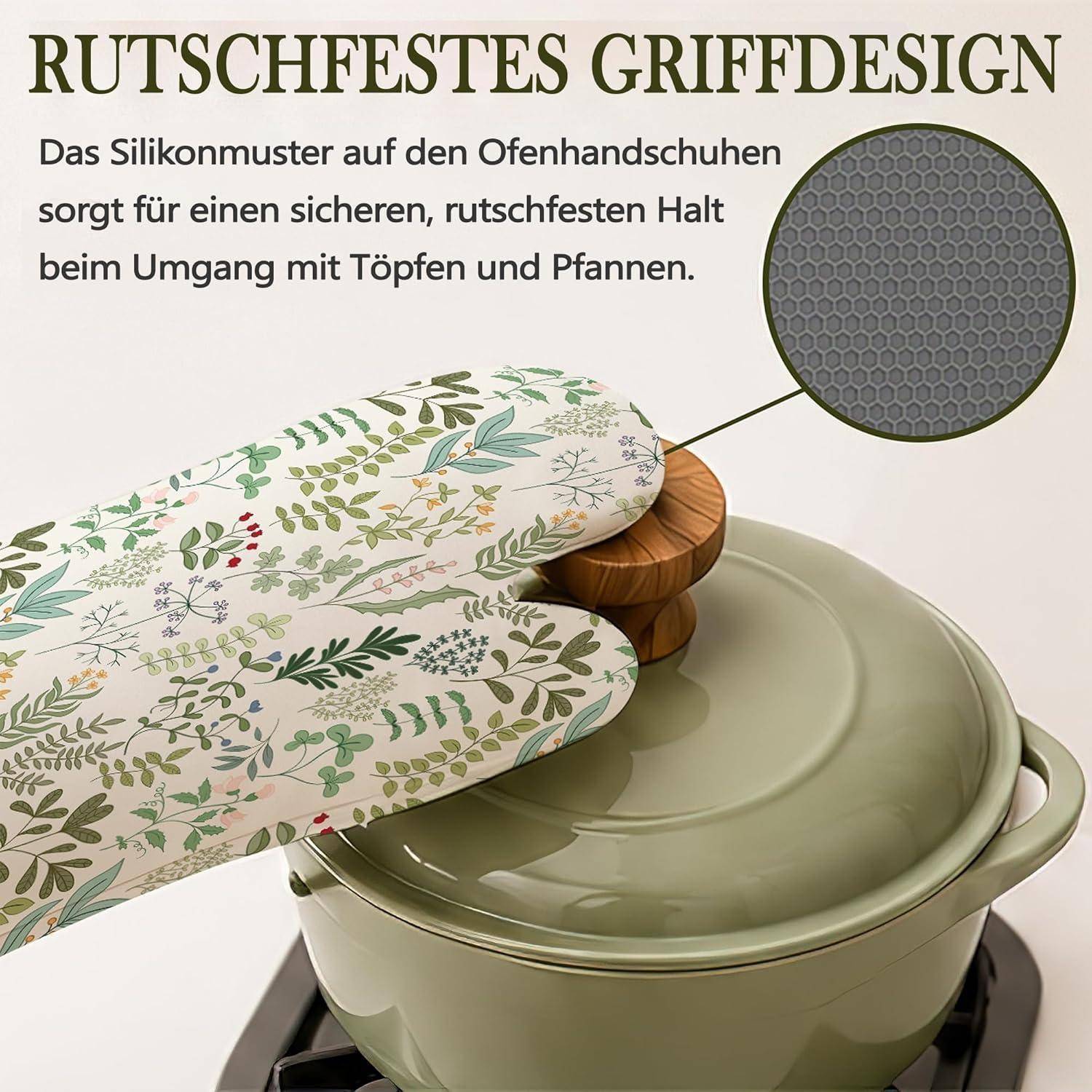 Anzeige zeigt gemusterte Ofenhandschuhe, die einen Topfdeckel greifen; der Text sagt „rutschfestes Griffdesign